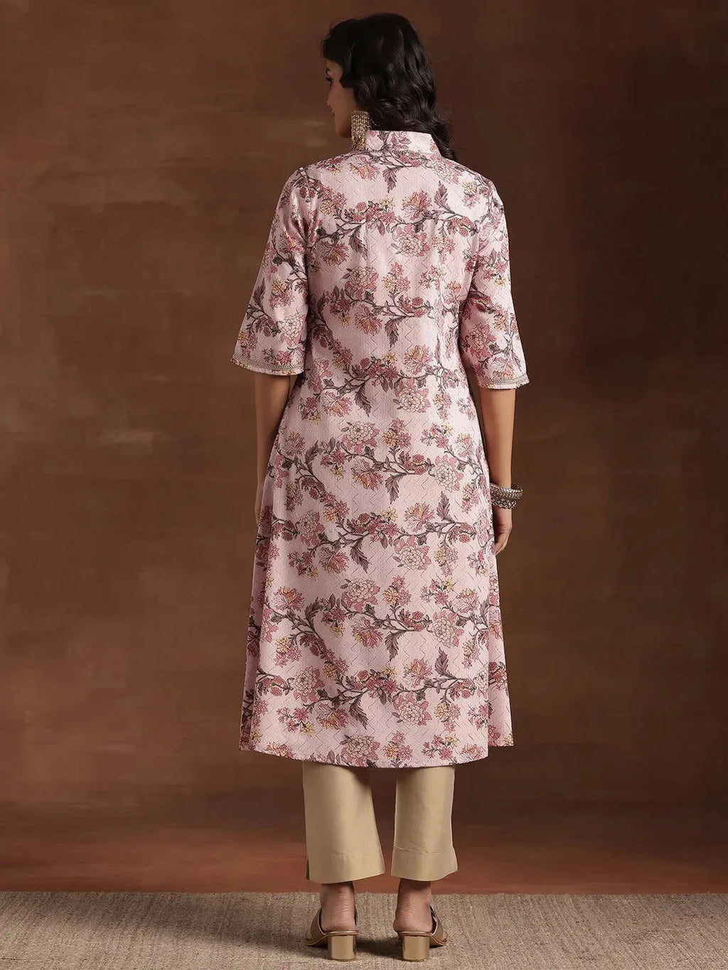 Pink Printed Cotton A-Line Kurta