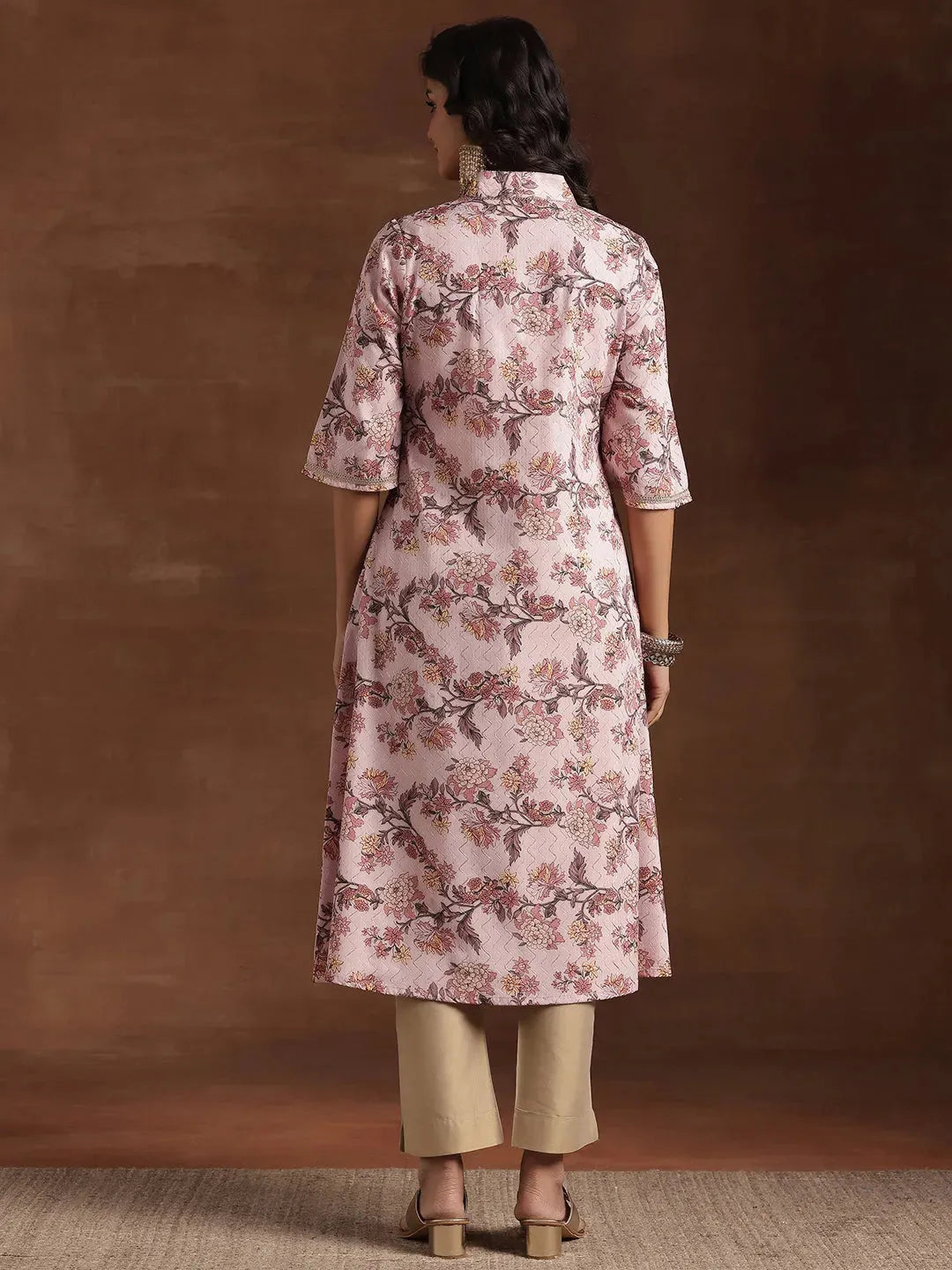 Pink Printed Cotton A-Line Kurta