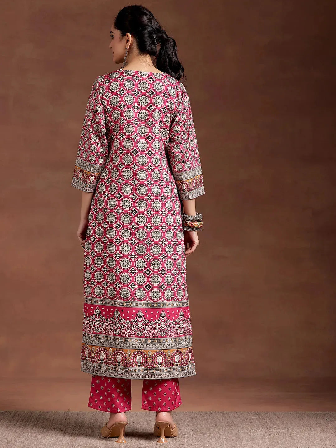 Pink Printed Crepe Straight Kurta