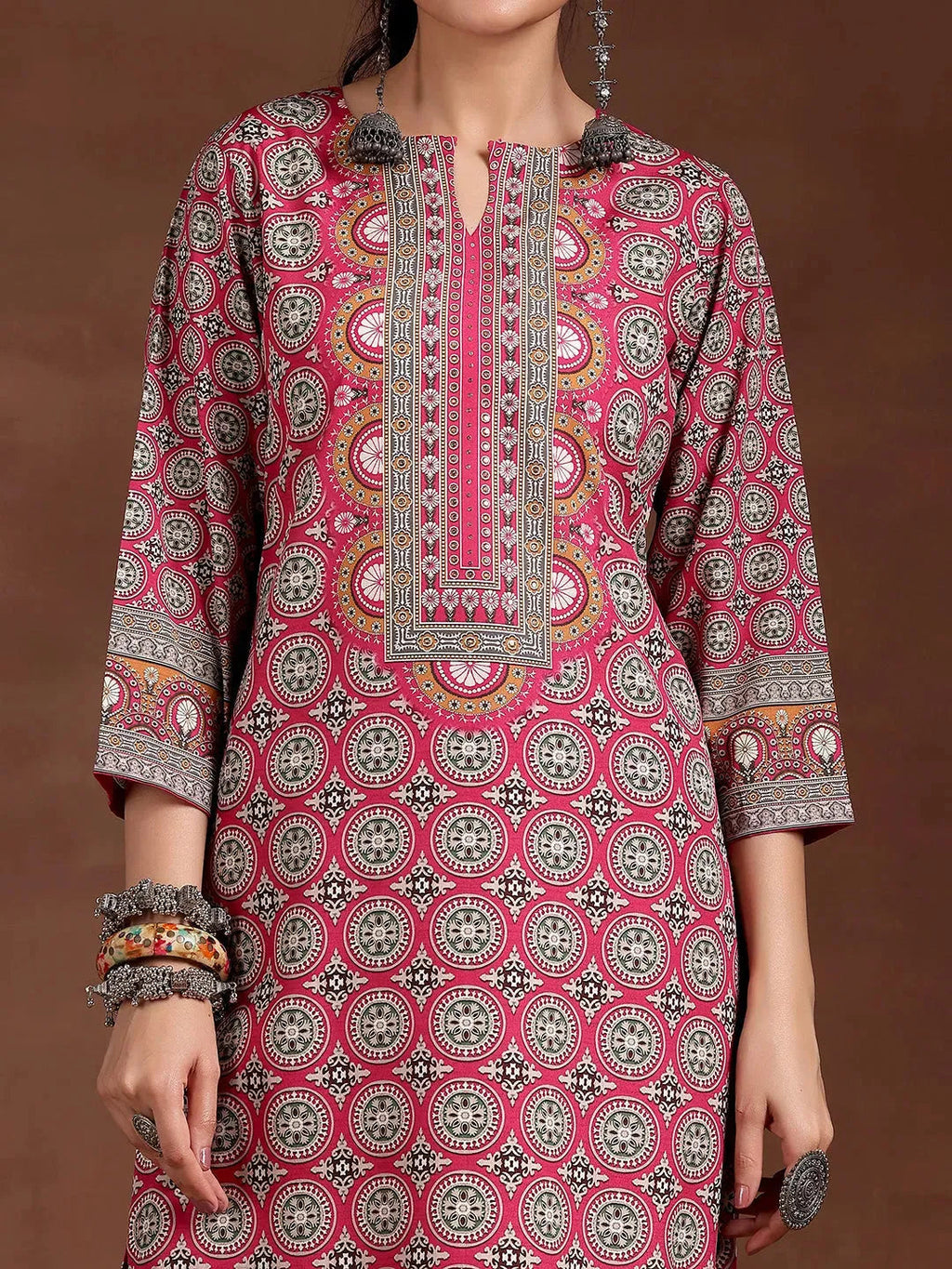 Pink Printed Crepe Straight Kurta