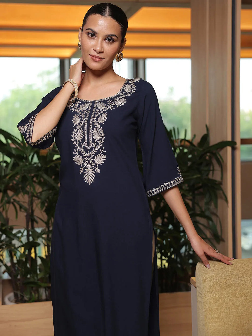 Blue Yoke Design Rayon Straight Kurta
