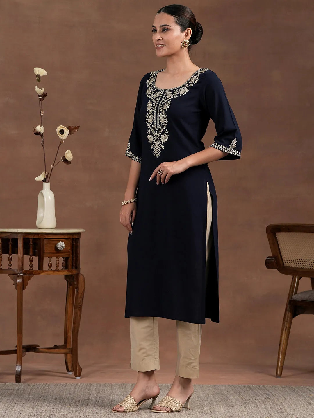 Blue Yoke Design Rayon Straight Kurta
