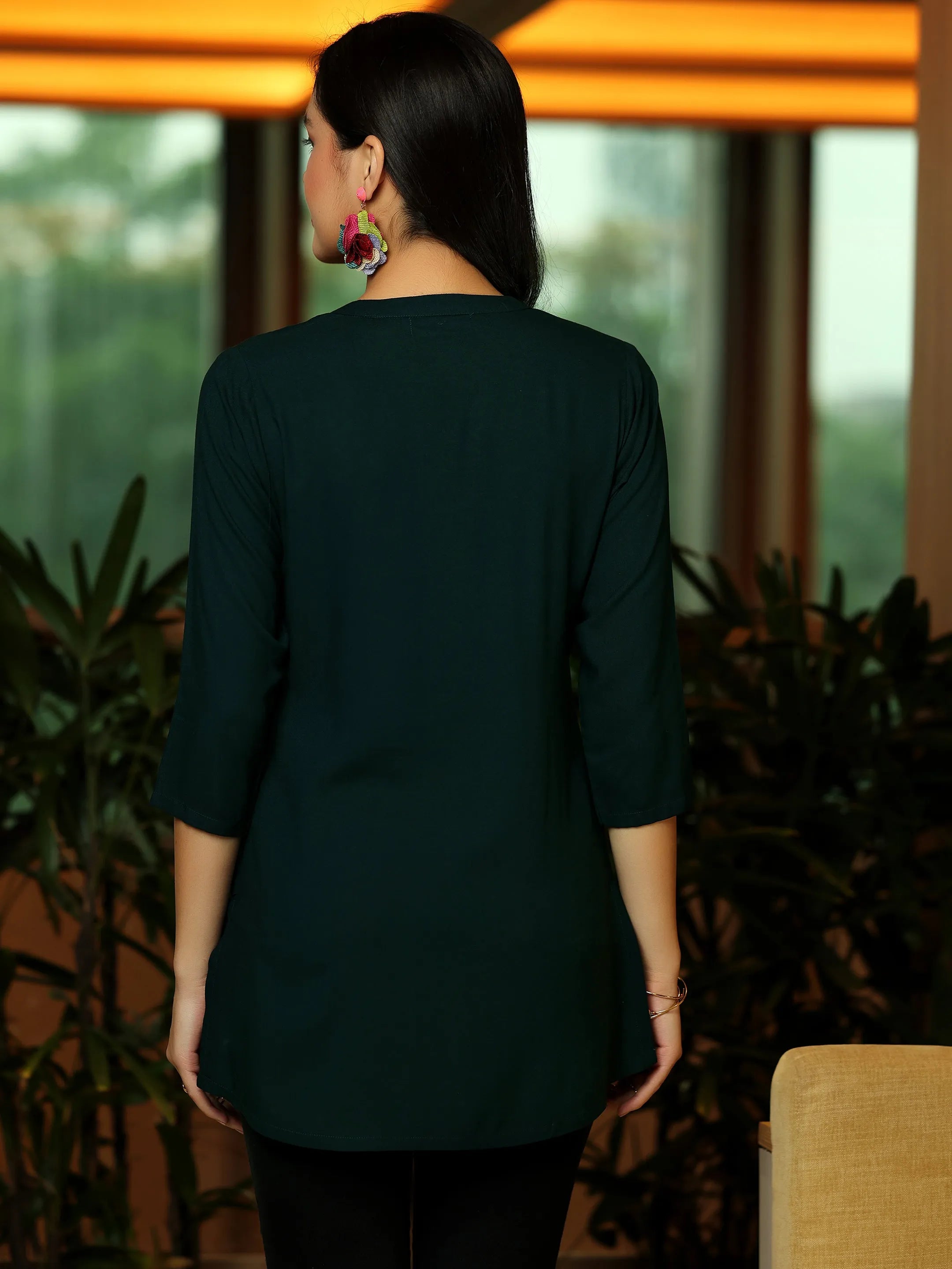 Green Solid Rayon Straight Kurti