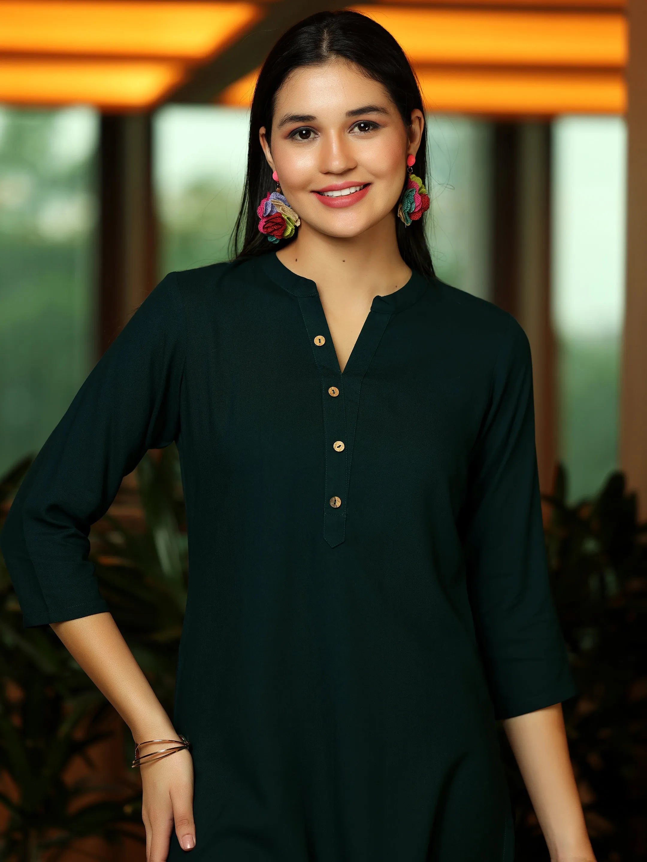 Green Solid Rayon Straight Kurti