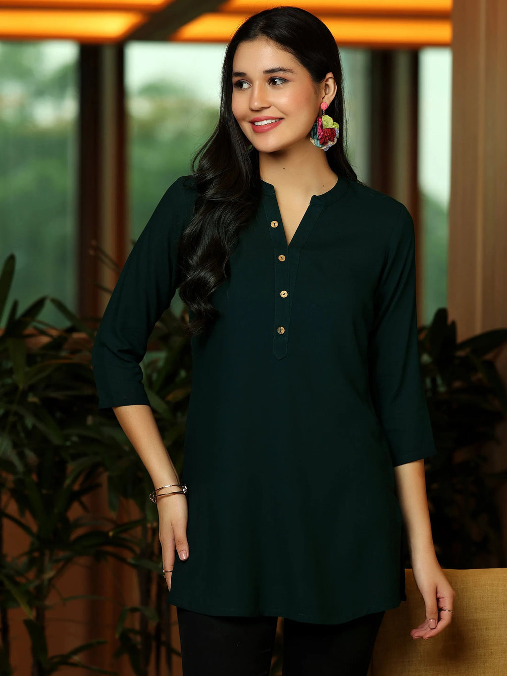 Green Solid Rayon Straight Kurti