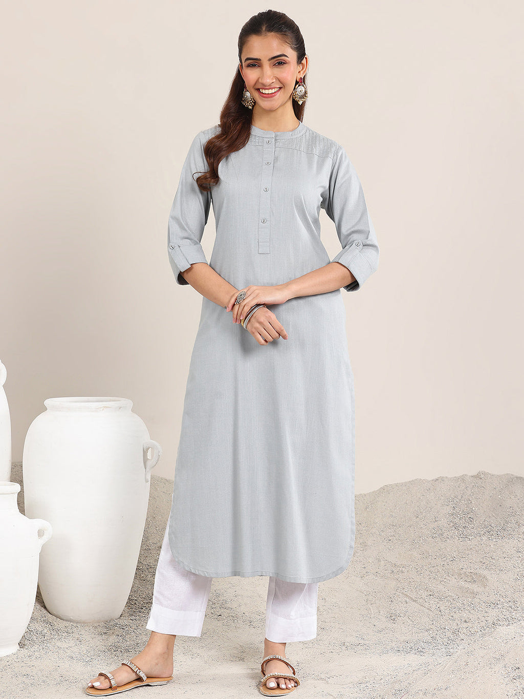 Blue Solid Cotton Blend Straight Kurta