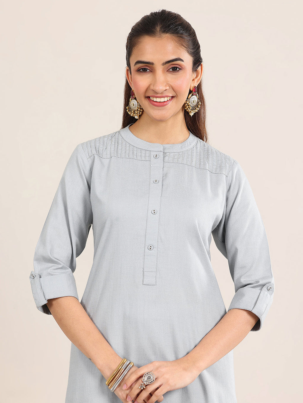 Blue Solid Cotton Blend Straight Kurta