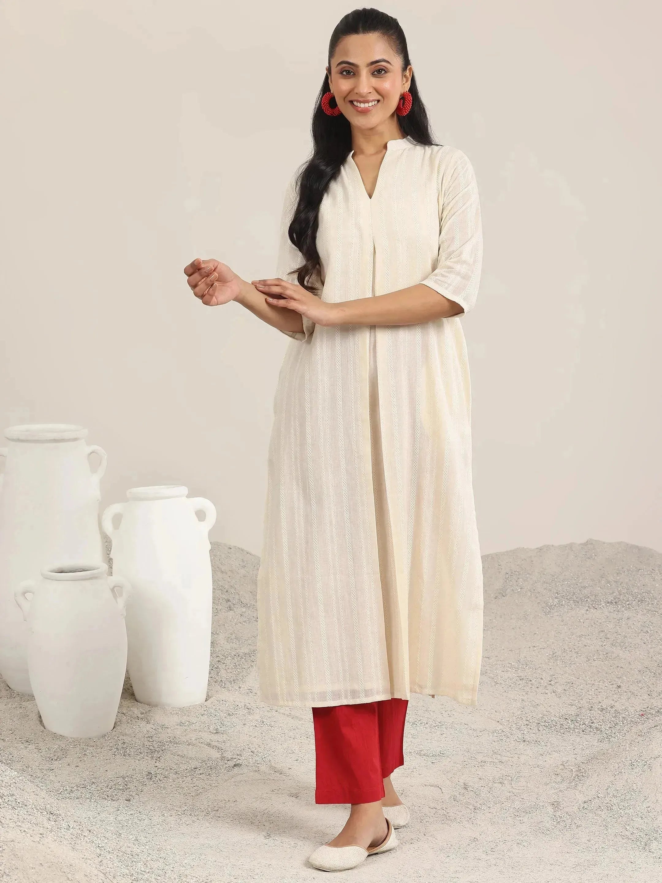 Off White Woven Design Cotton Straight Kurta