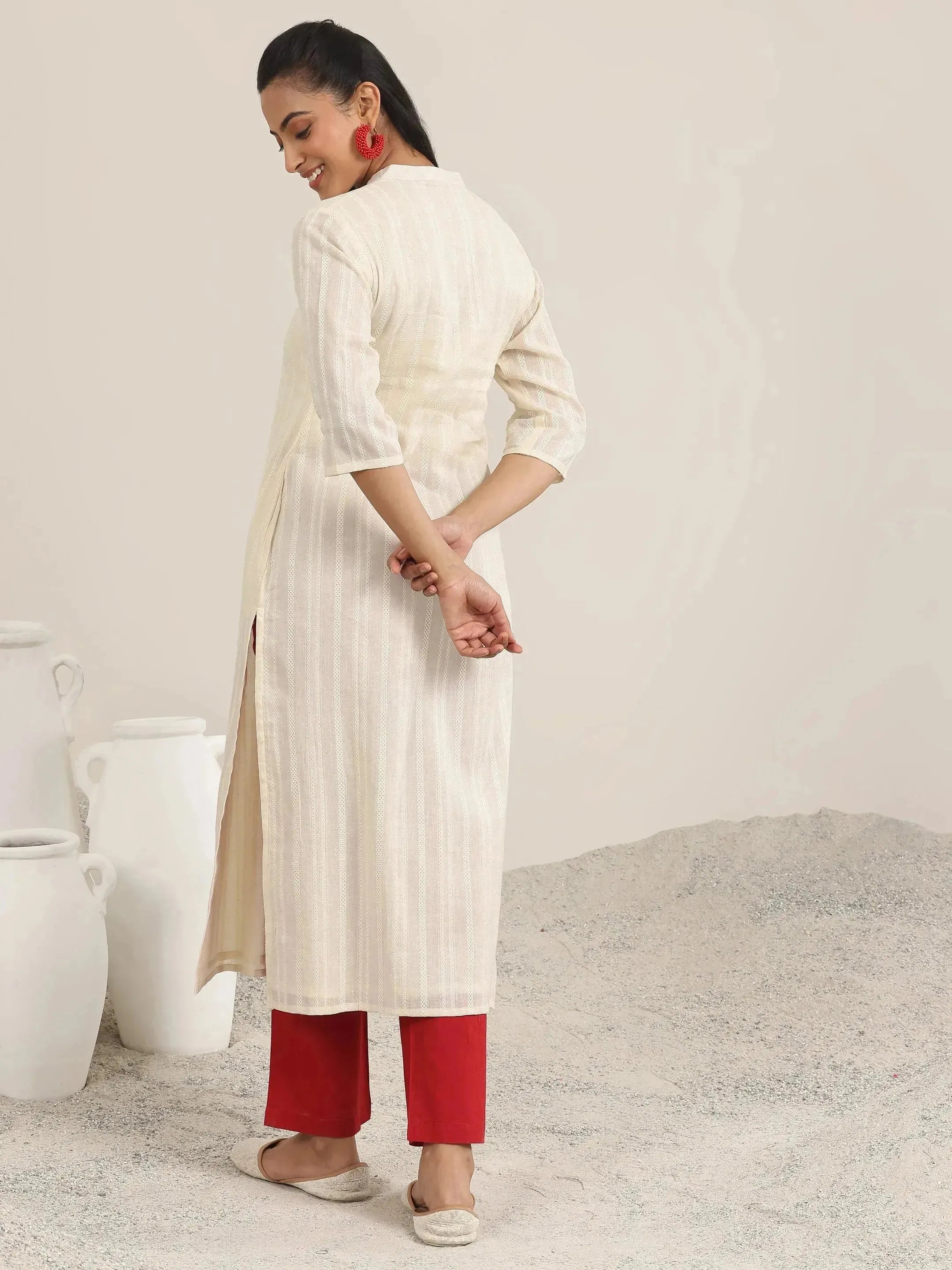 Off White Woven Design Cotton Straight Kurta