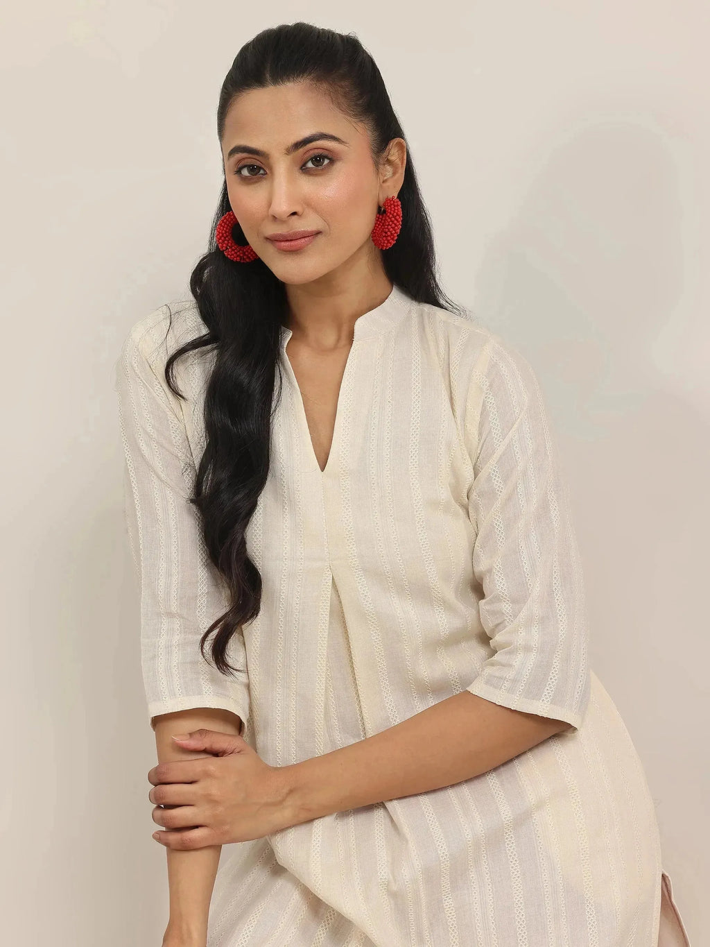 Off White Woven Design Cotton Straight Kurta