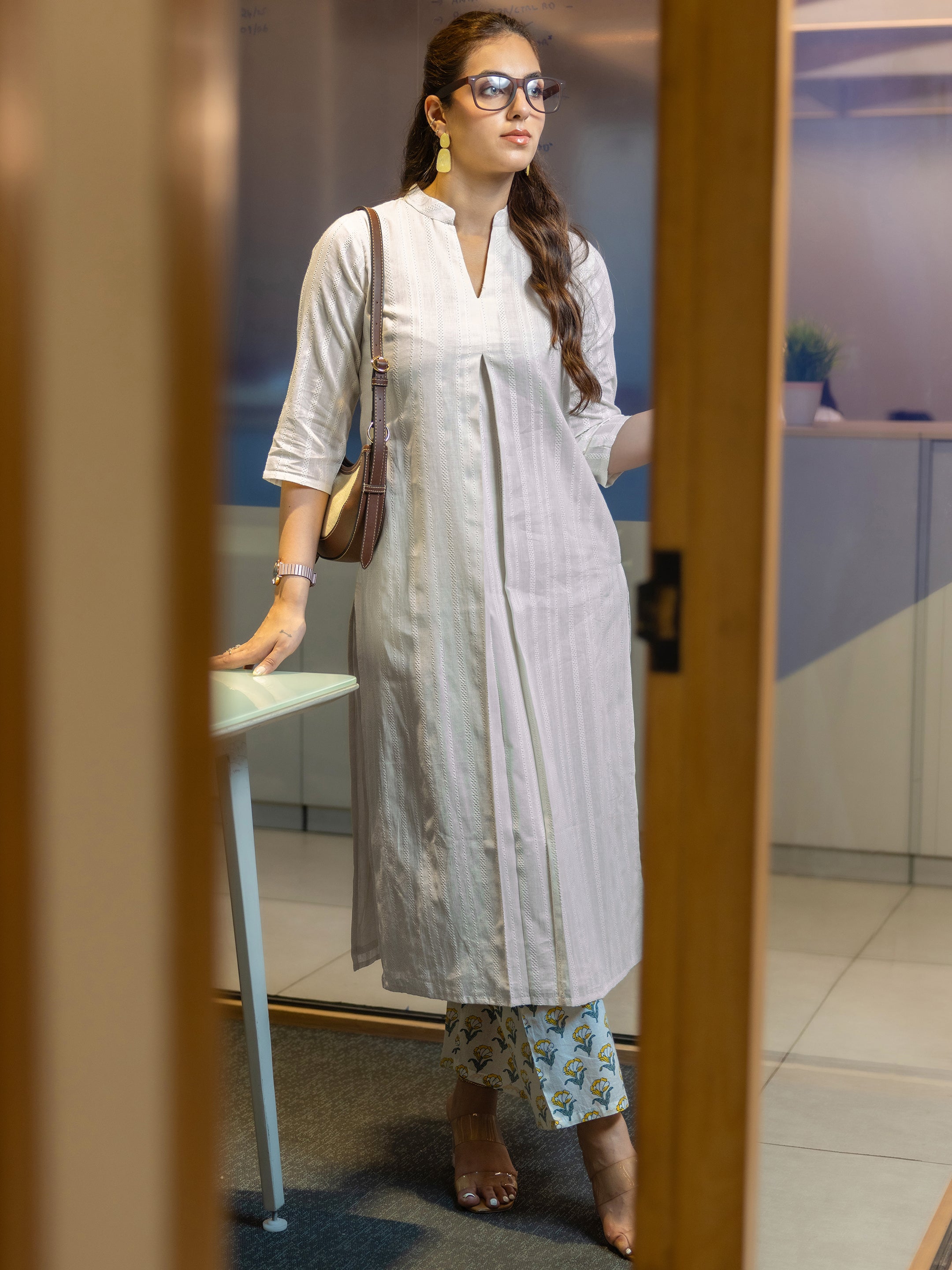 Off White Woven Design Cotton Straight Kurta