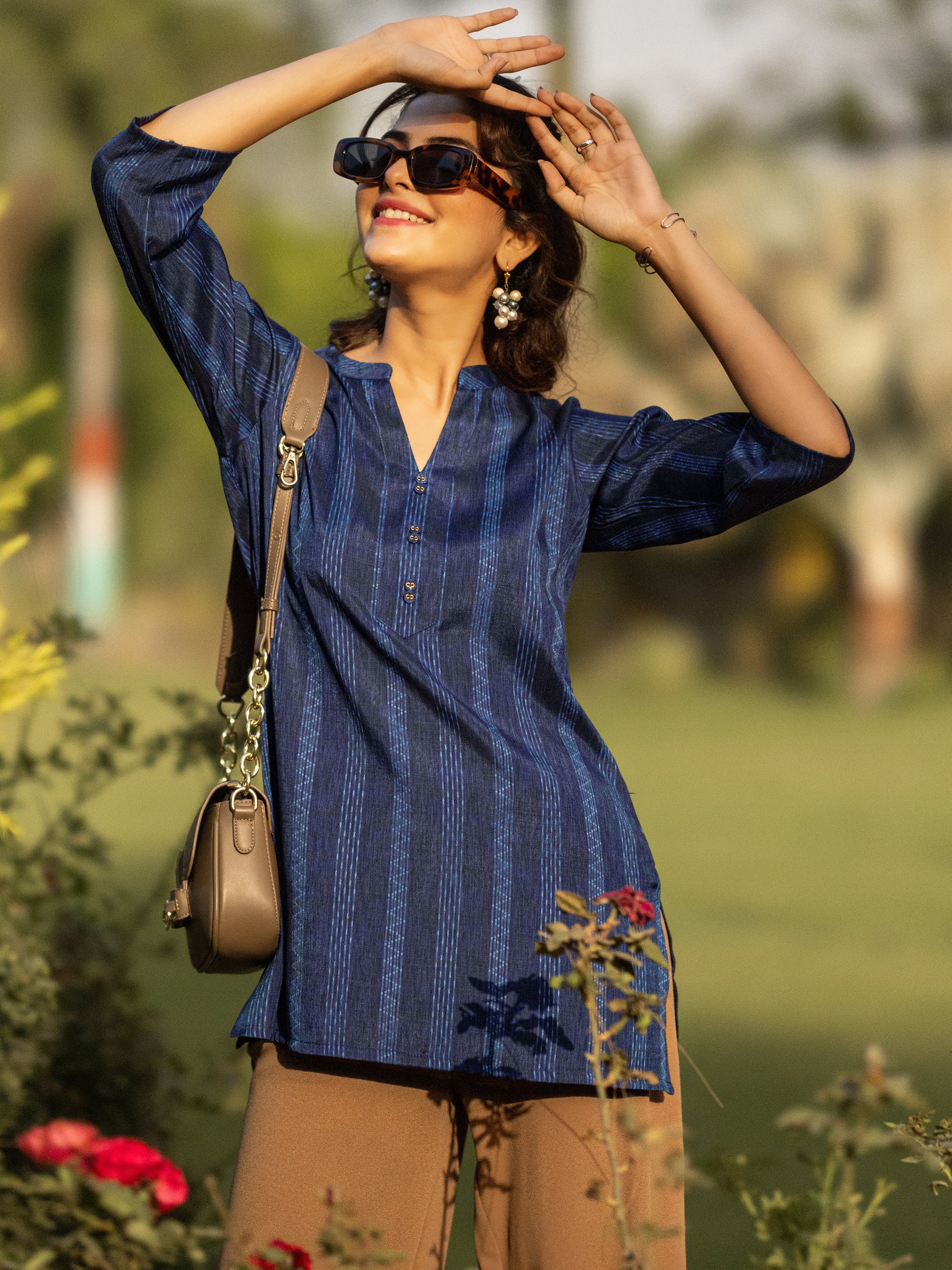 Blue Woven Design Cotton Blend Straight Short Kurti