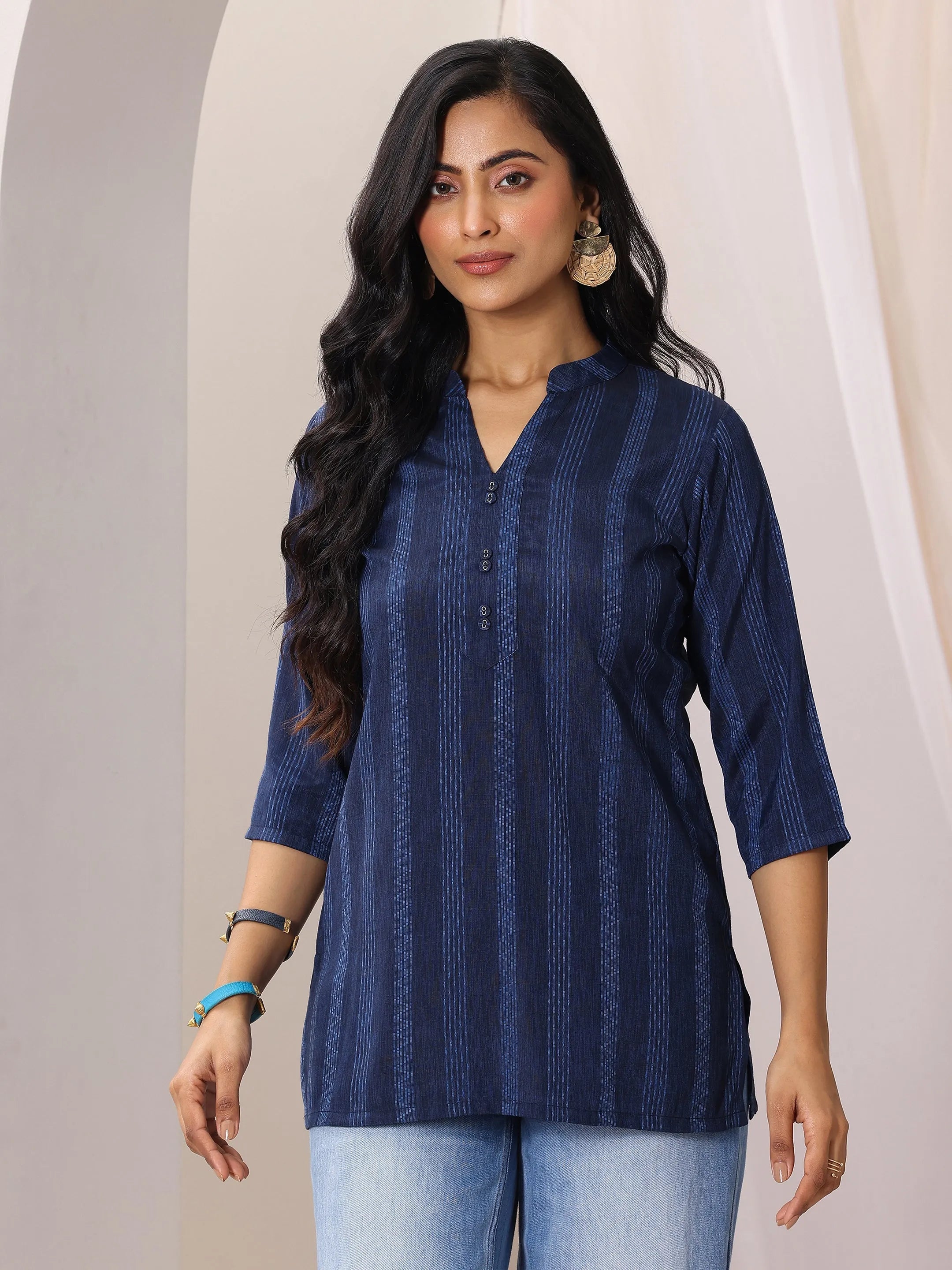 Blue Woven Design Cotton Blend Straight Short Kurti