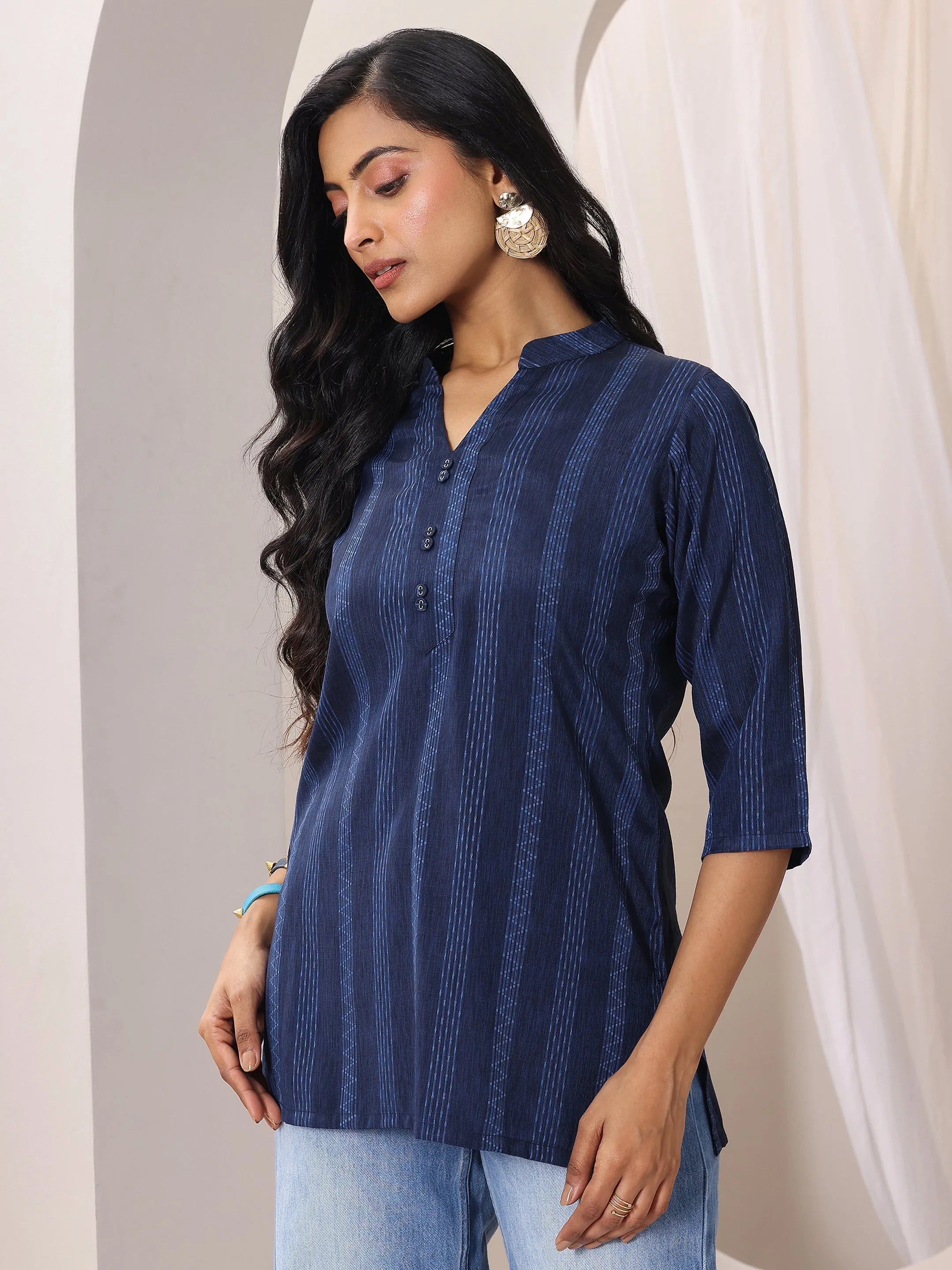 Blue Woven Design Cotton Blend Straight Short Kurti
