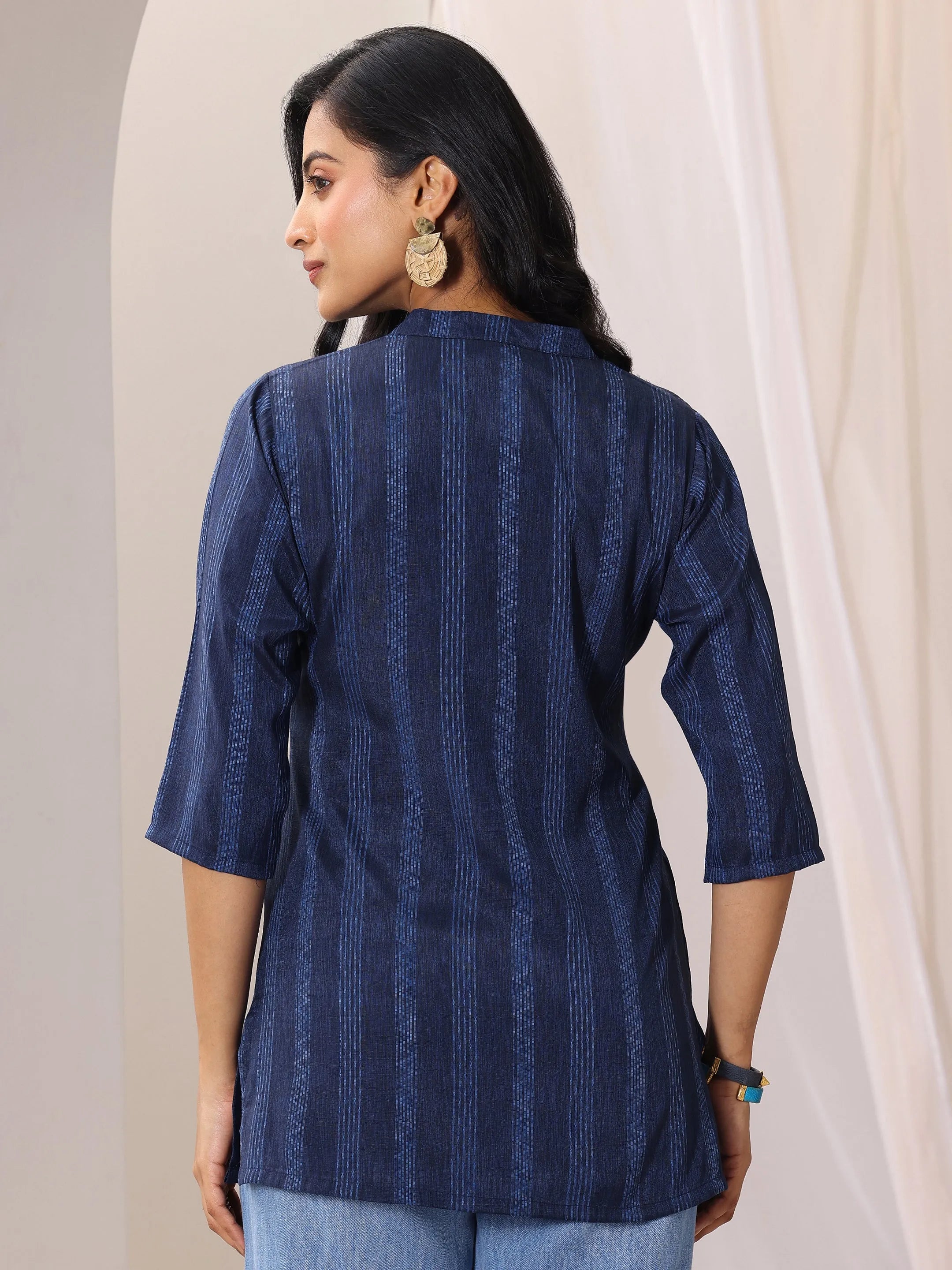 Blue Woven Design Cotton Blend Straight Short Kurti