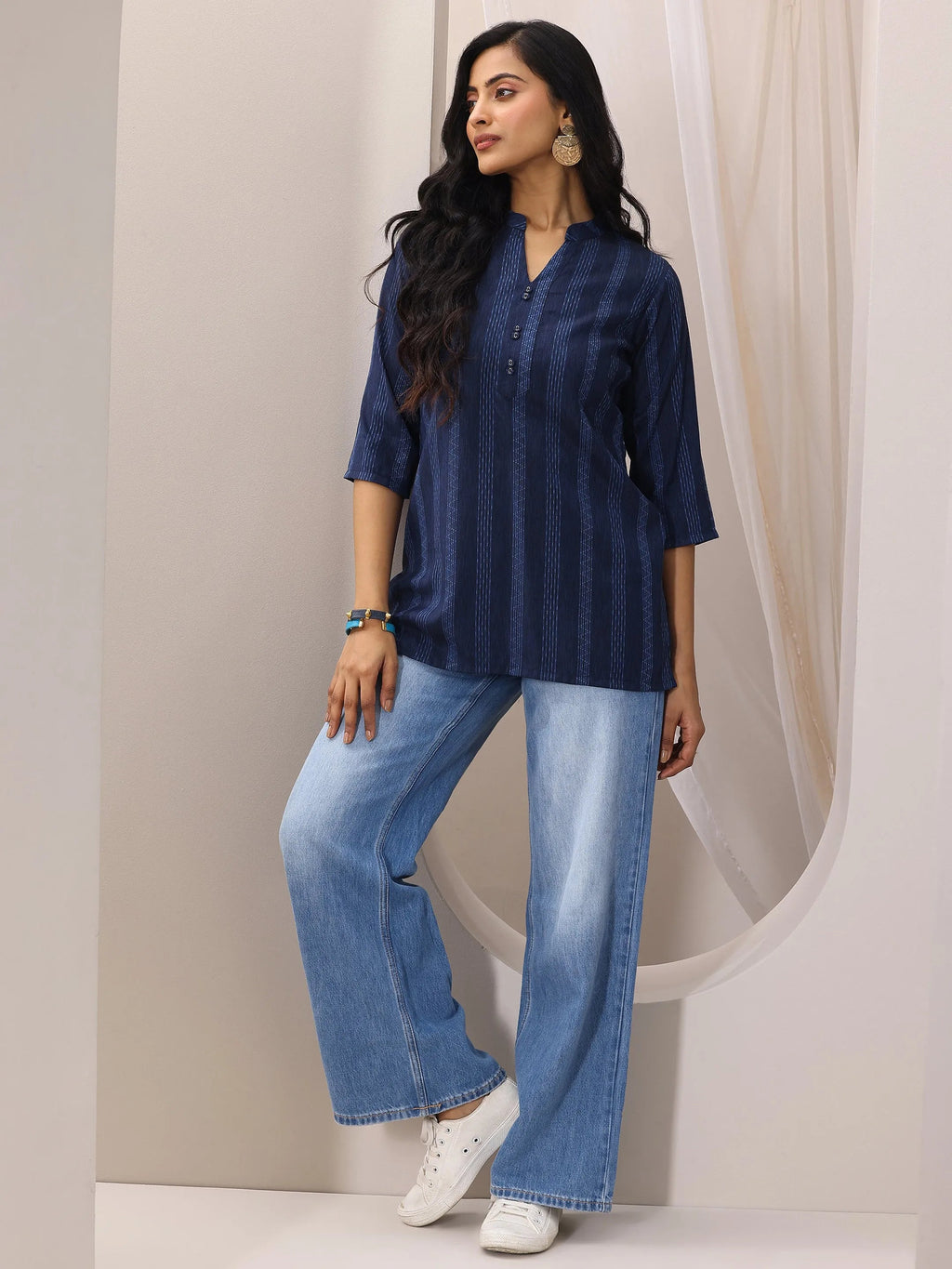 Blue Woven Design Cotton Blend Straight Short Kurti