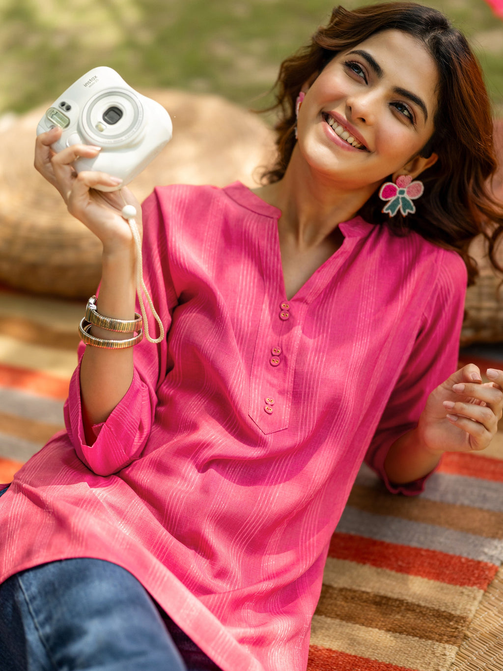 Pink Woven Design Cotton Blend Straight Short Kurti