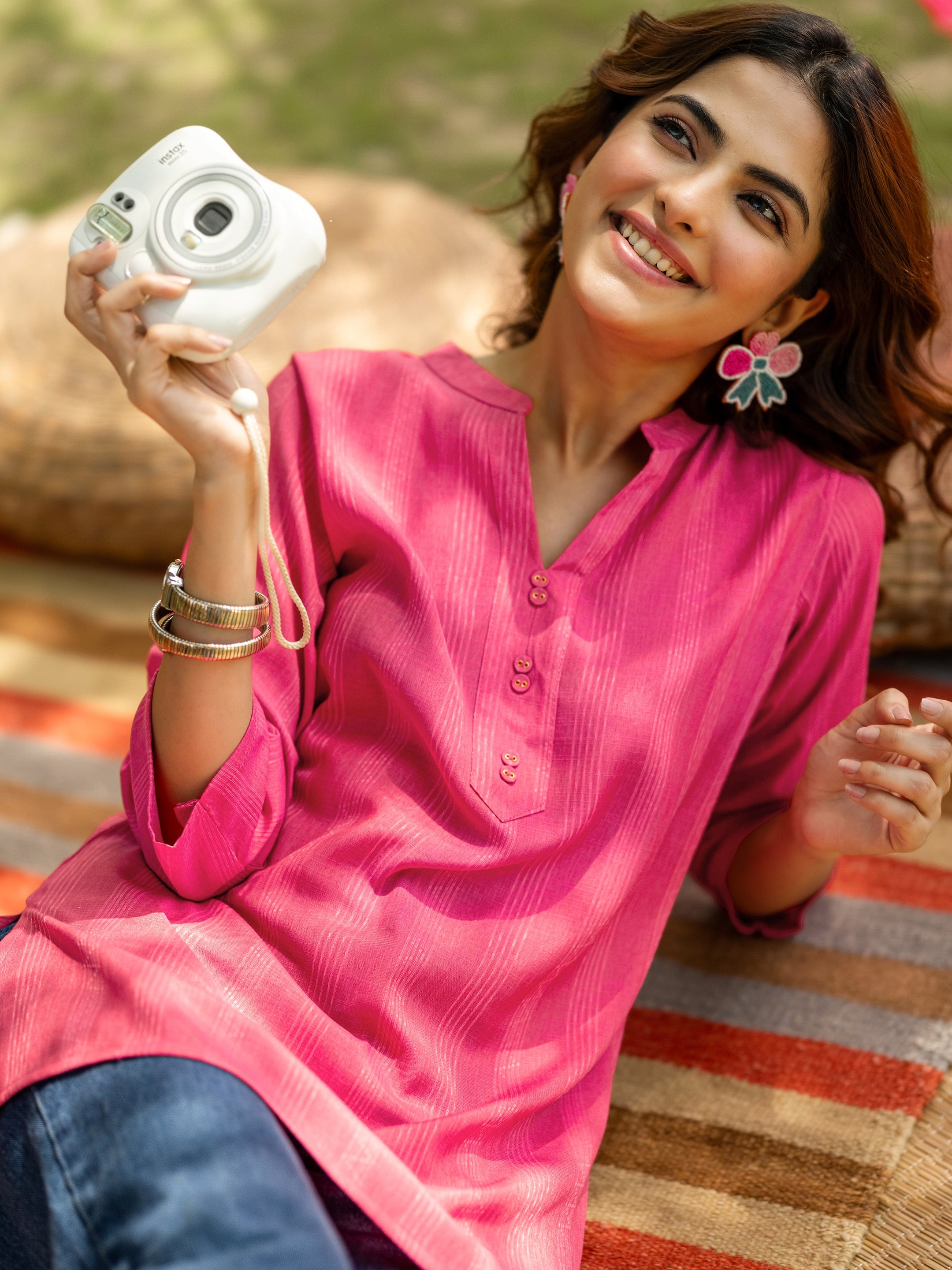 Pink Woven Design Cotton Blend Straight Short Kurti