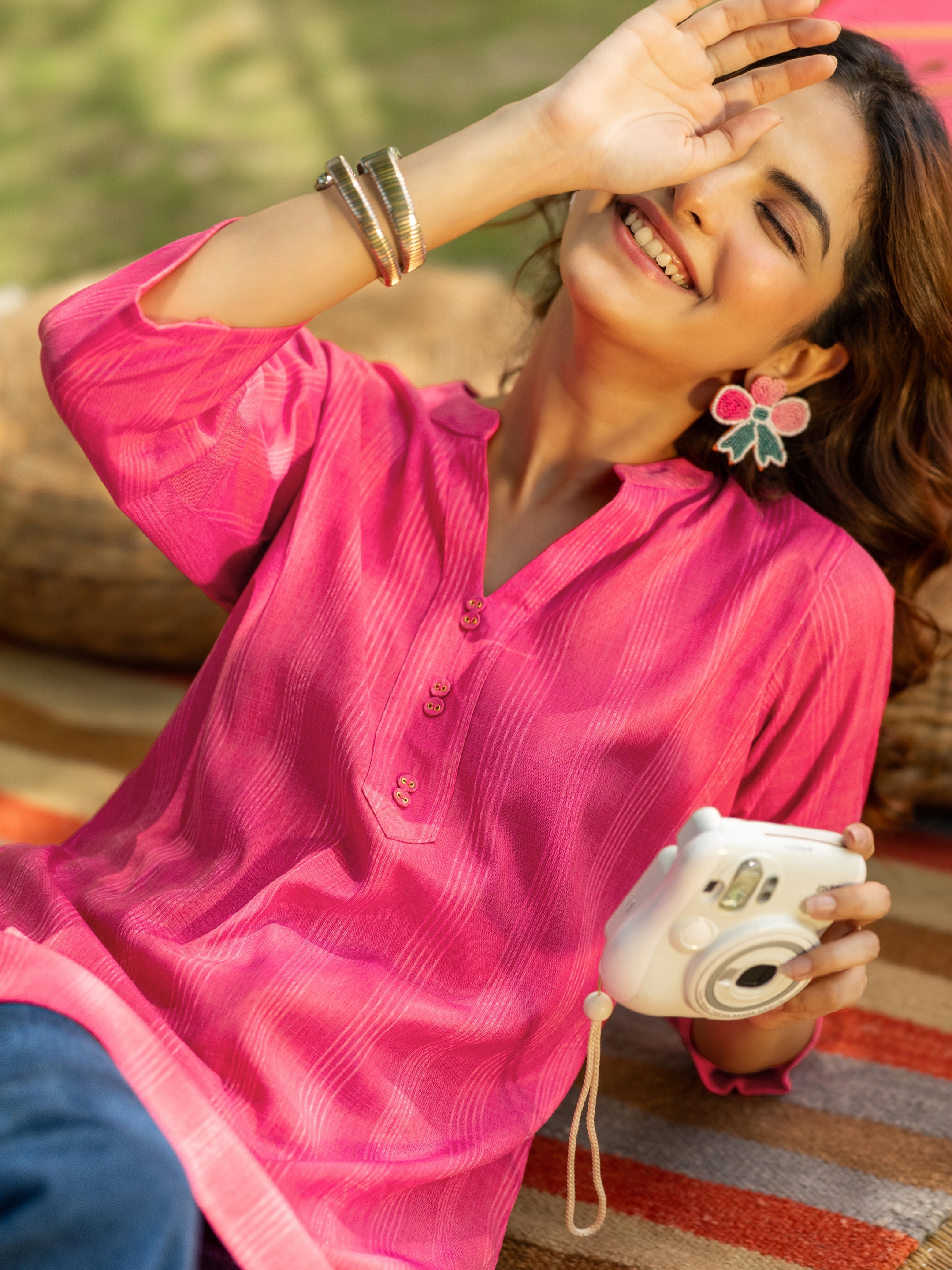 Pink Woven Design Cotton Blend Straight Short Kurti