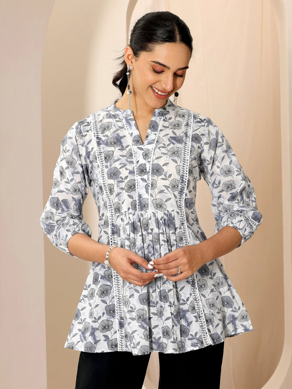 Grey Printed Cotton A-Line Short Kurti