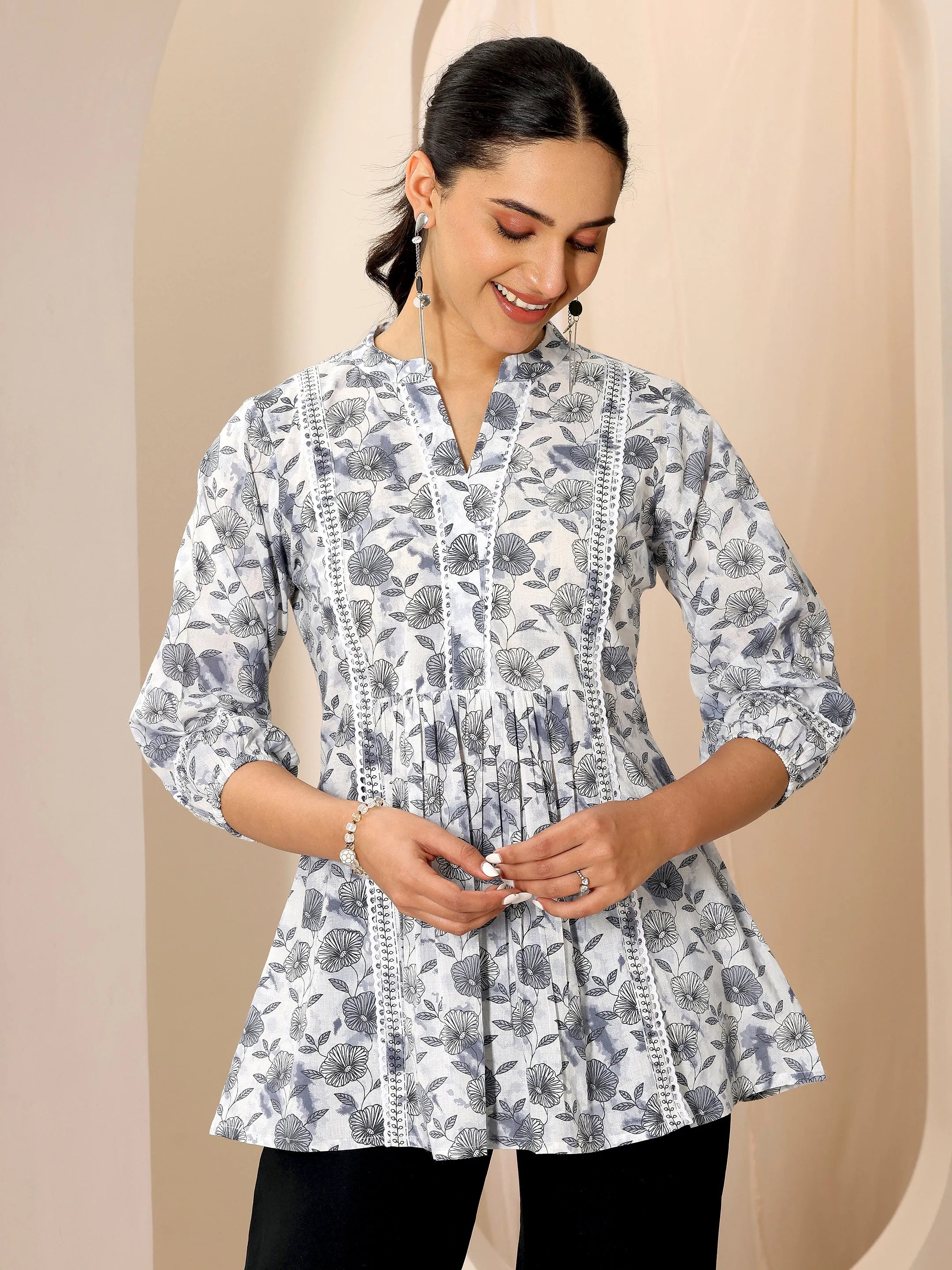 Grey Printed Cotton A-Line Short Kurti