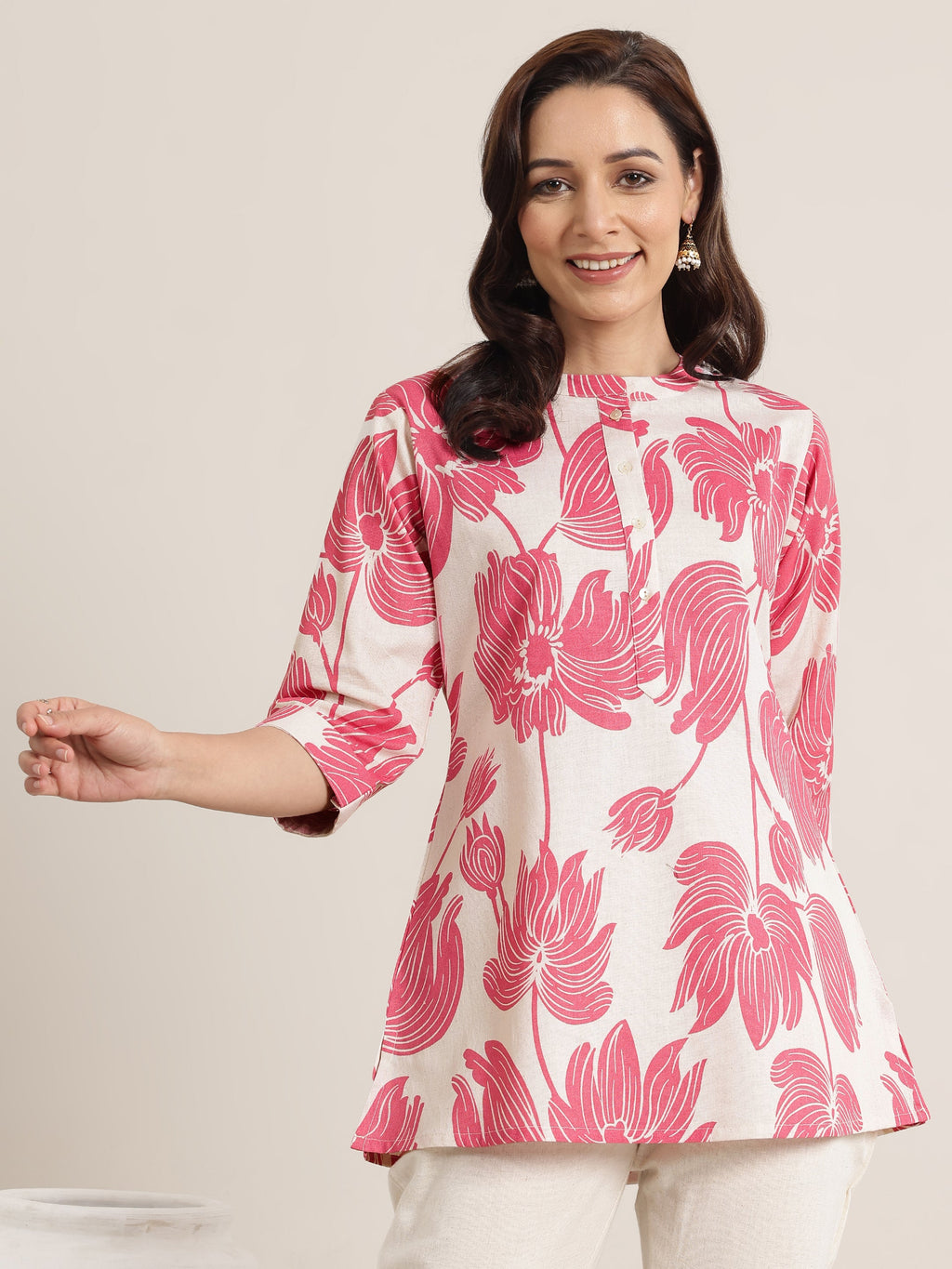 Pink Printed Cotton Straight Short Kurti