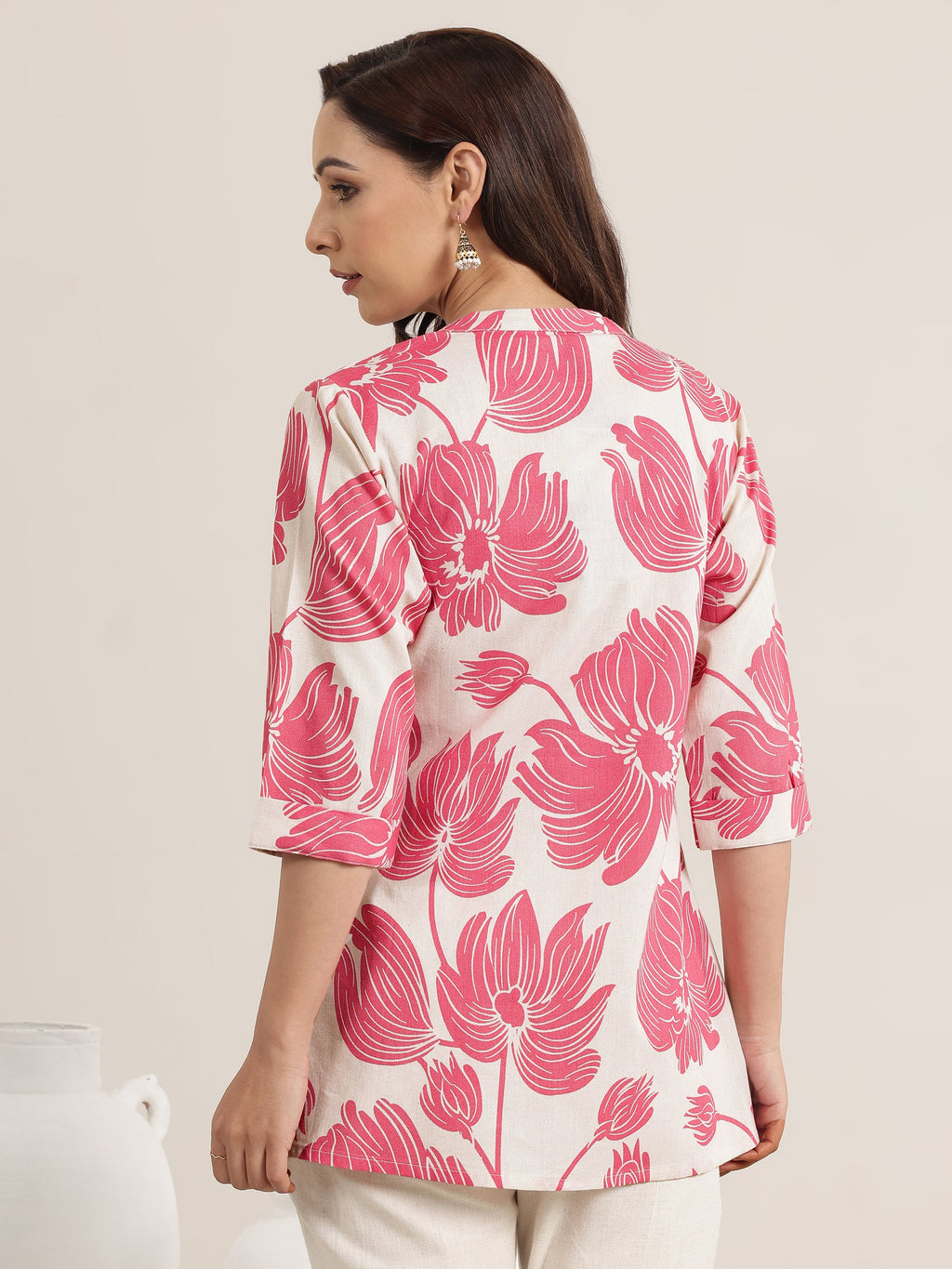 Pink Printed Cotton Straight Short Kurti