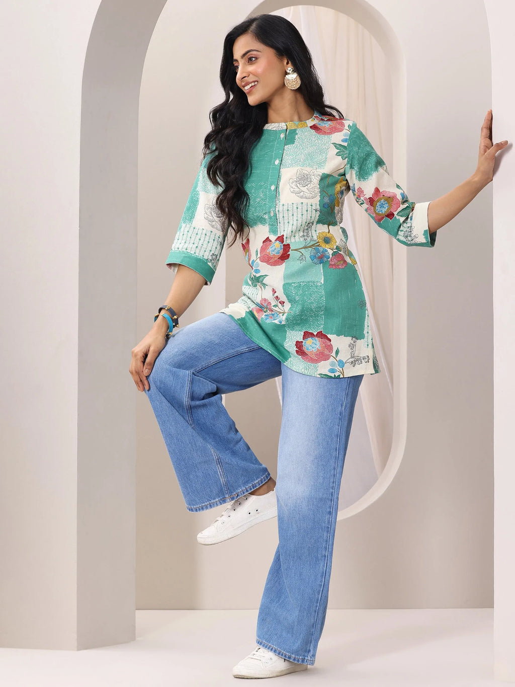 Green Printed Cotton Straight Short Kurti