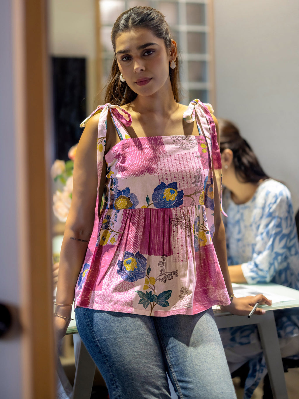 Pink Printed Cotton Anarkali Short Kurti