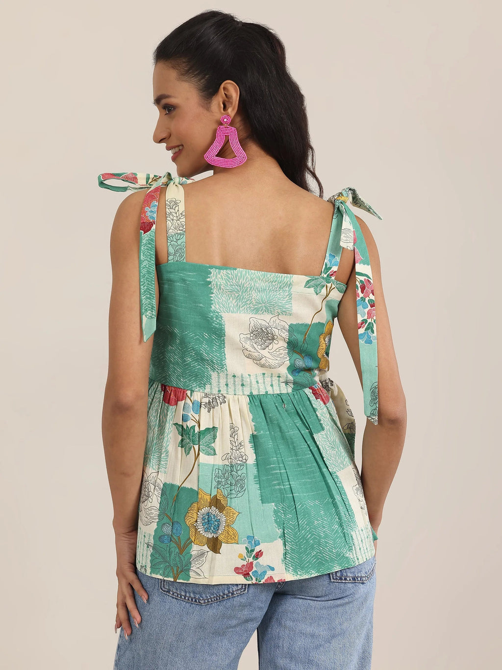 Green Printed Cotton Anarkali Short Kurti