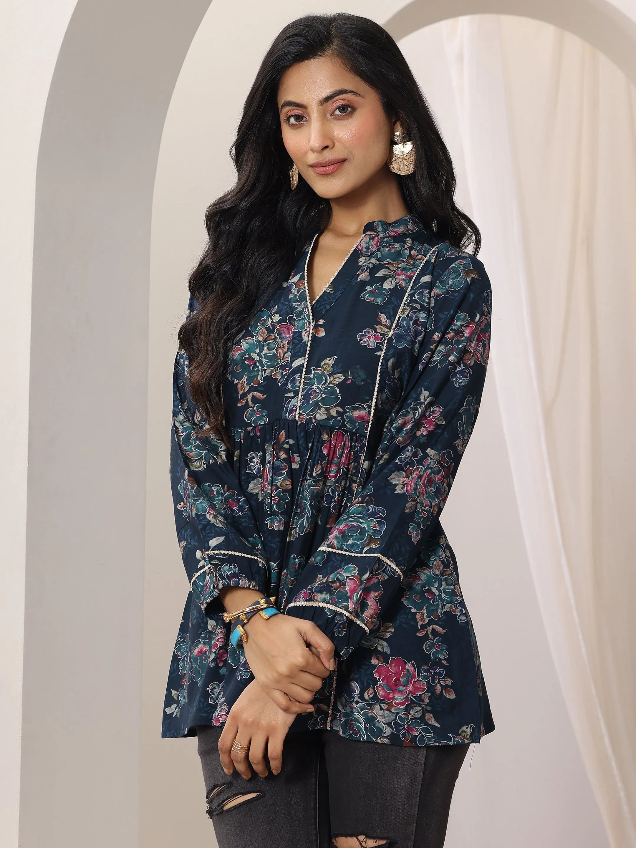 Blue Printed Silk Blend A-Line Short Kurti