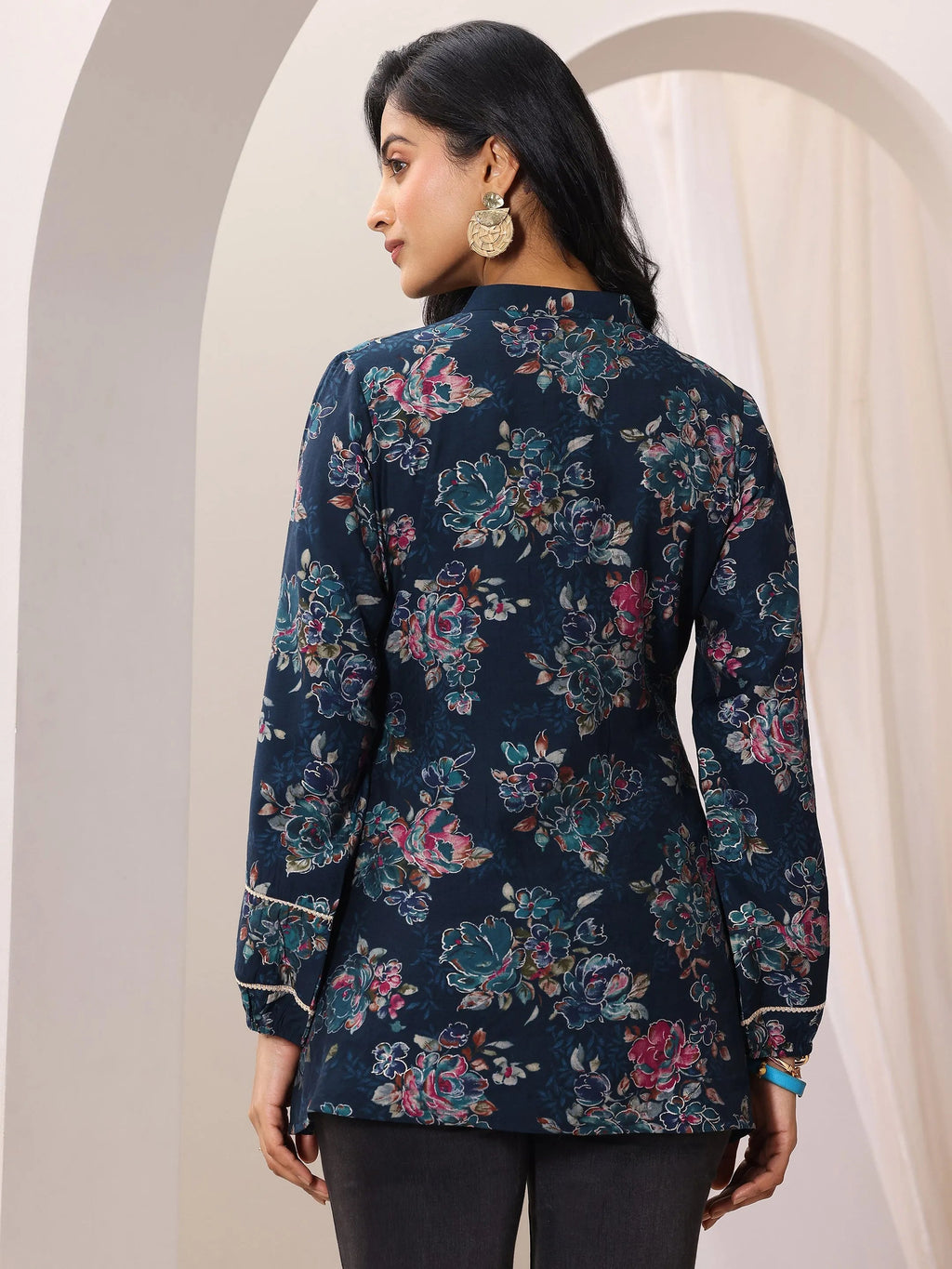 Blue Printed Silk Blend A-Line Short Kurti