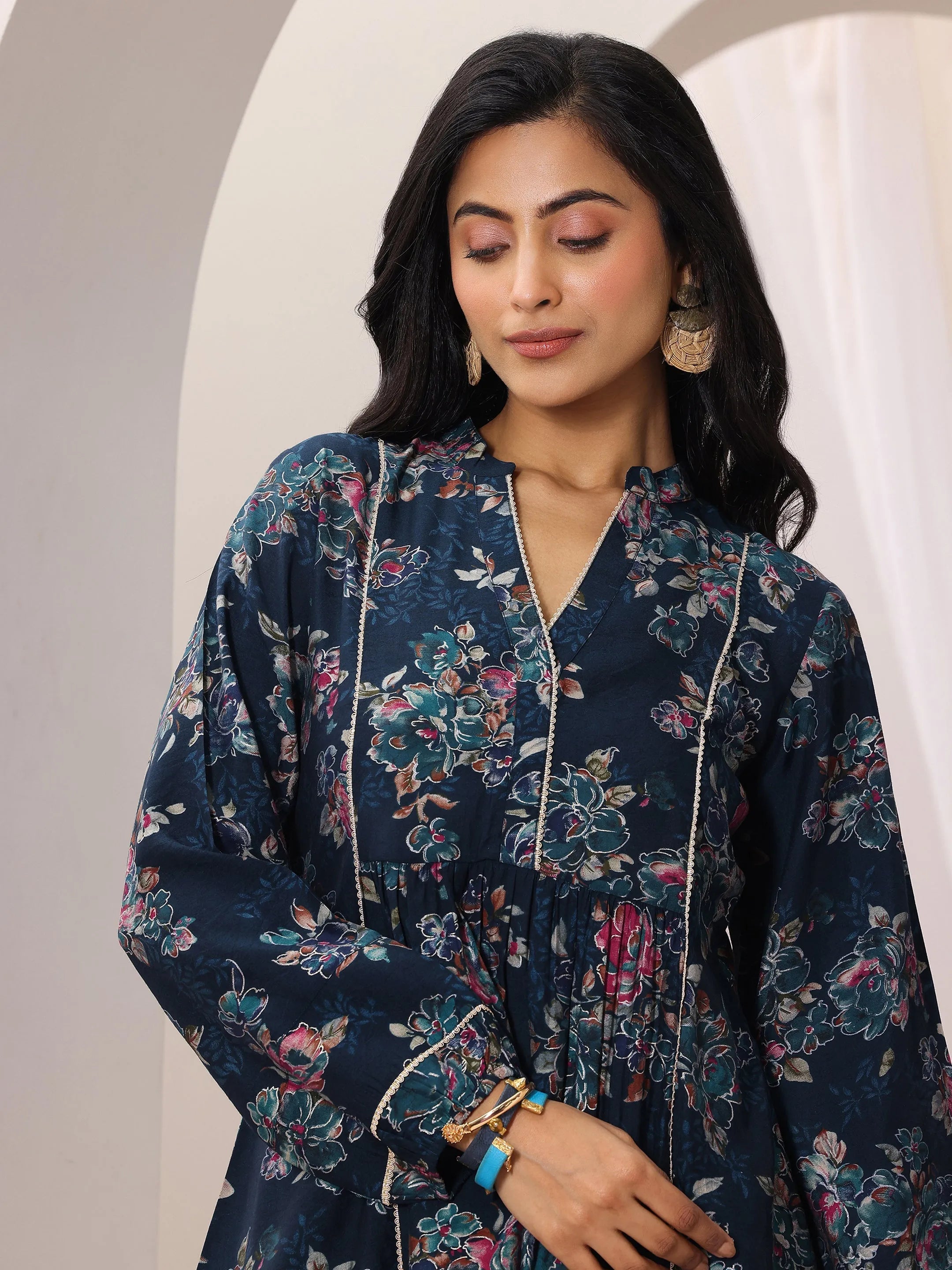 Blue Printed Silk Blend A-Line Short Kurti