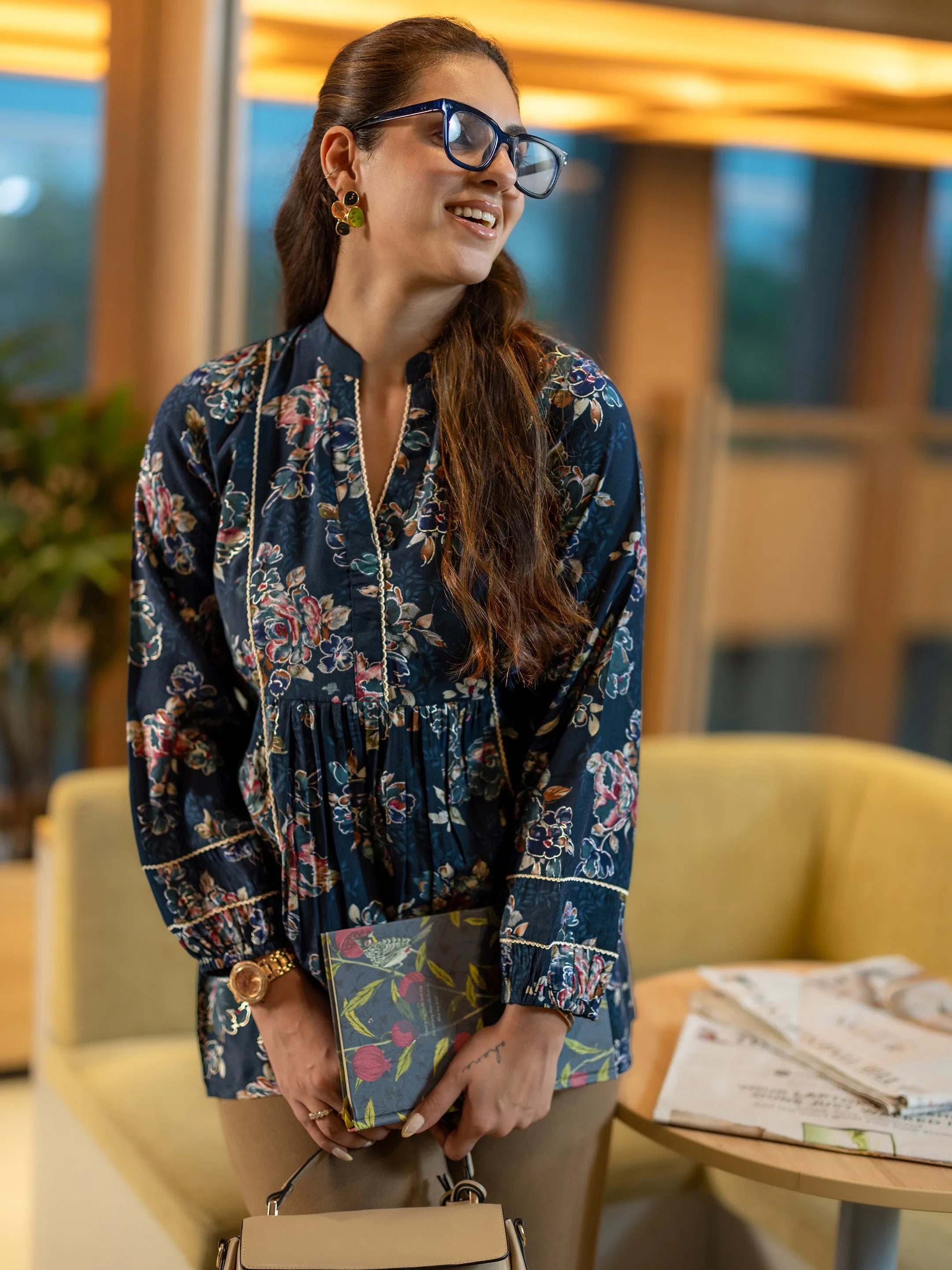 Blue Printed Silk Blend A-Line Short Kurti