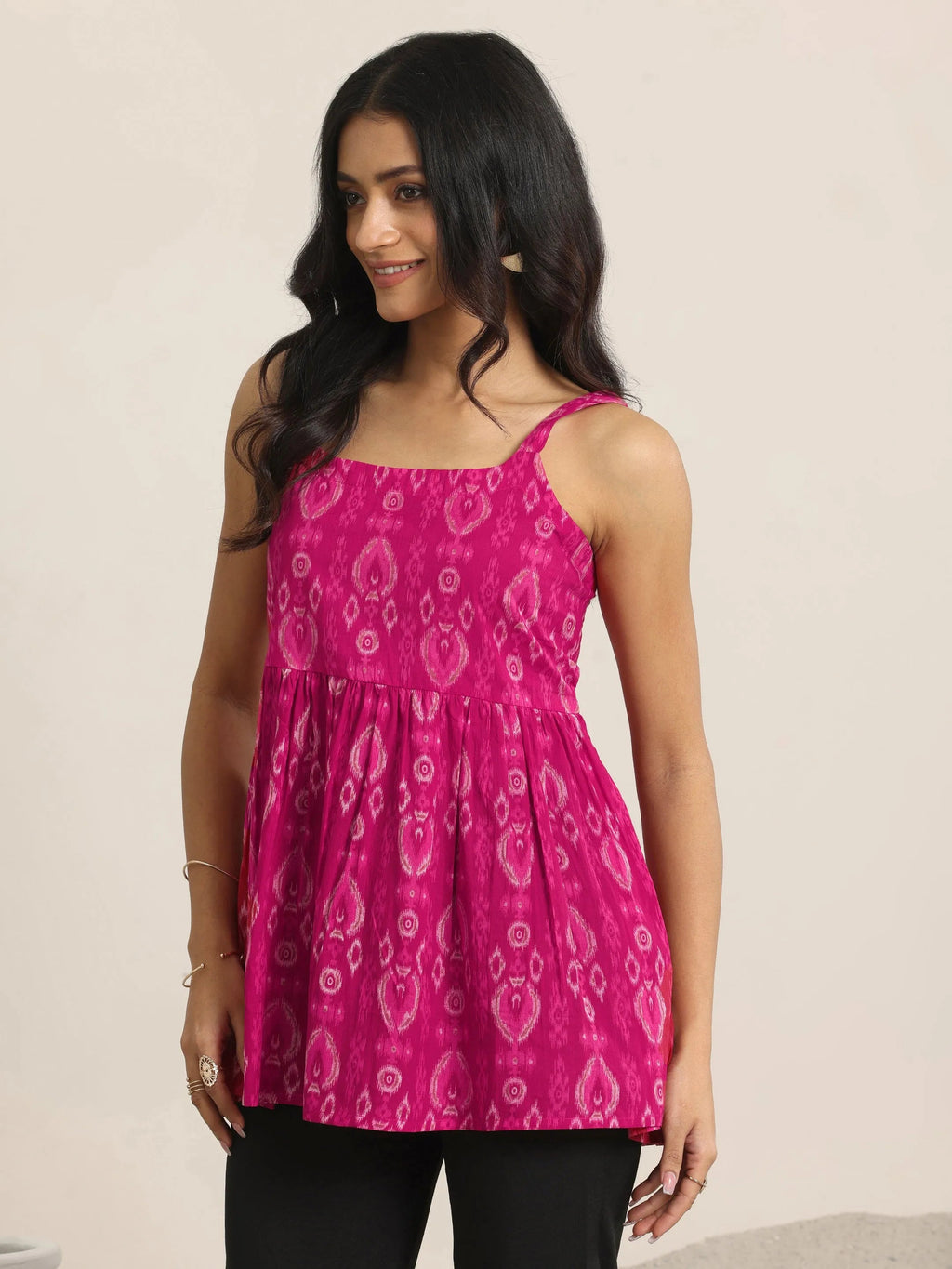 Pink Printed Cotton Anarkali Short Kurti
