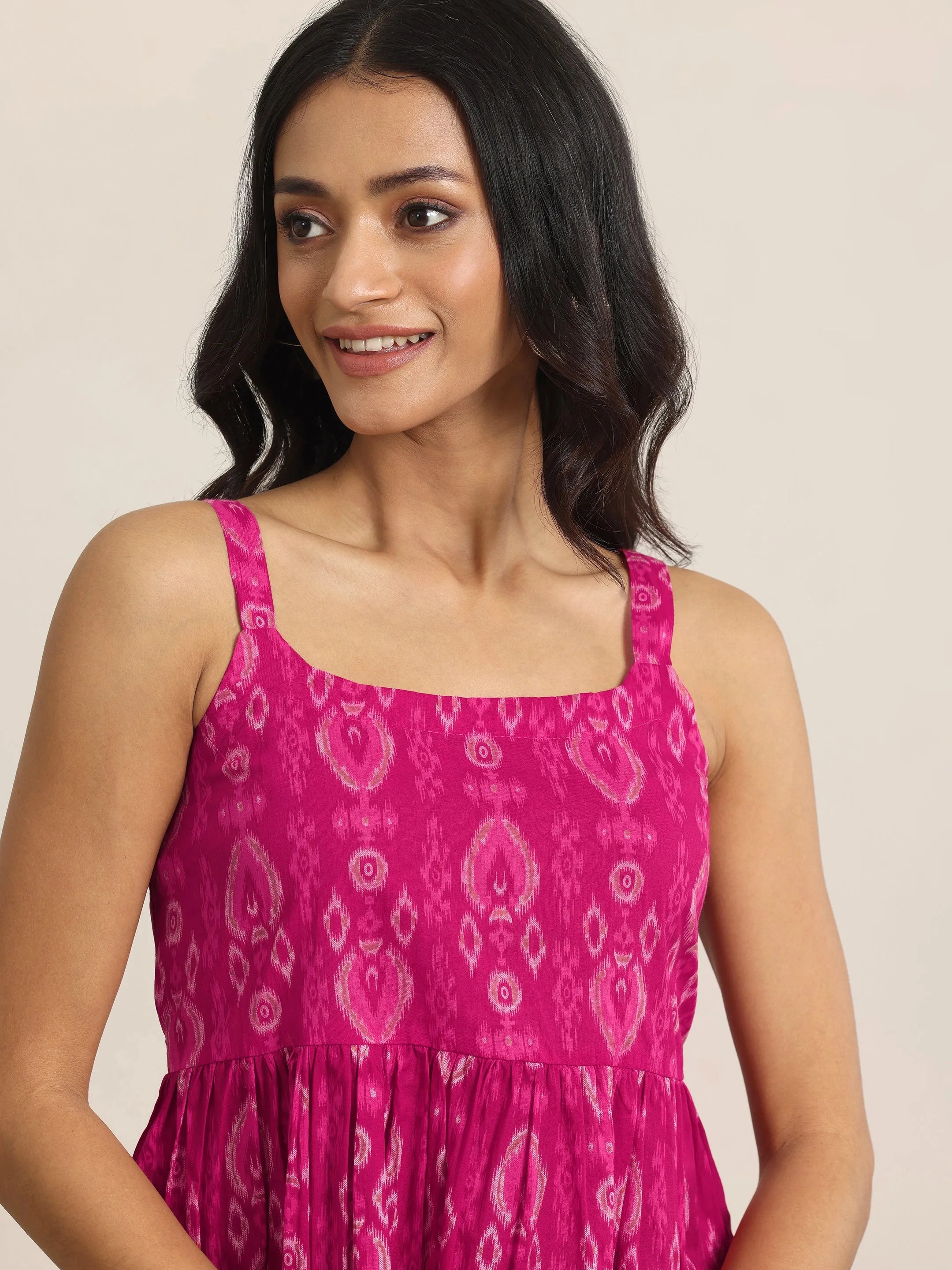 Pink Printed Cotton Anarkali Short Kurti