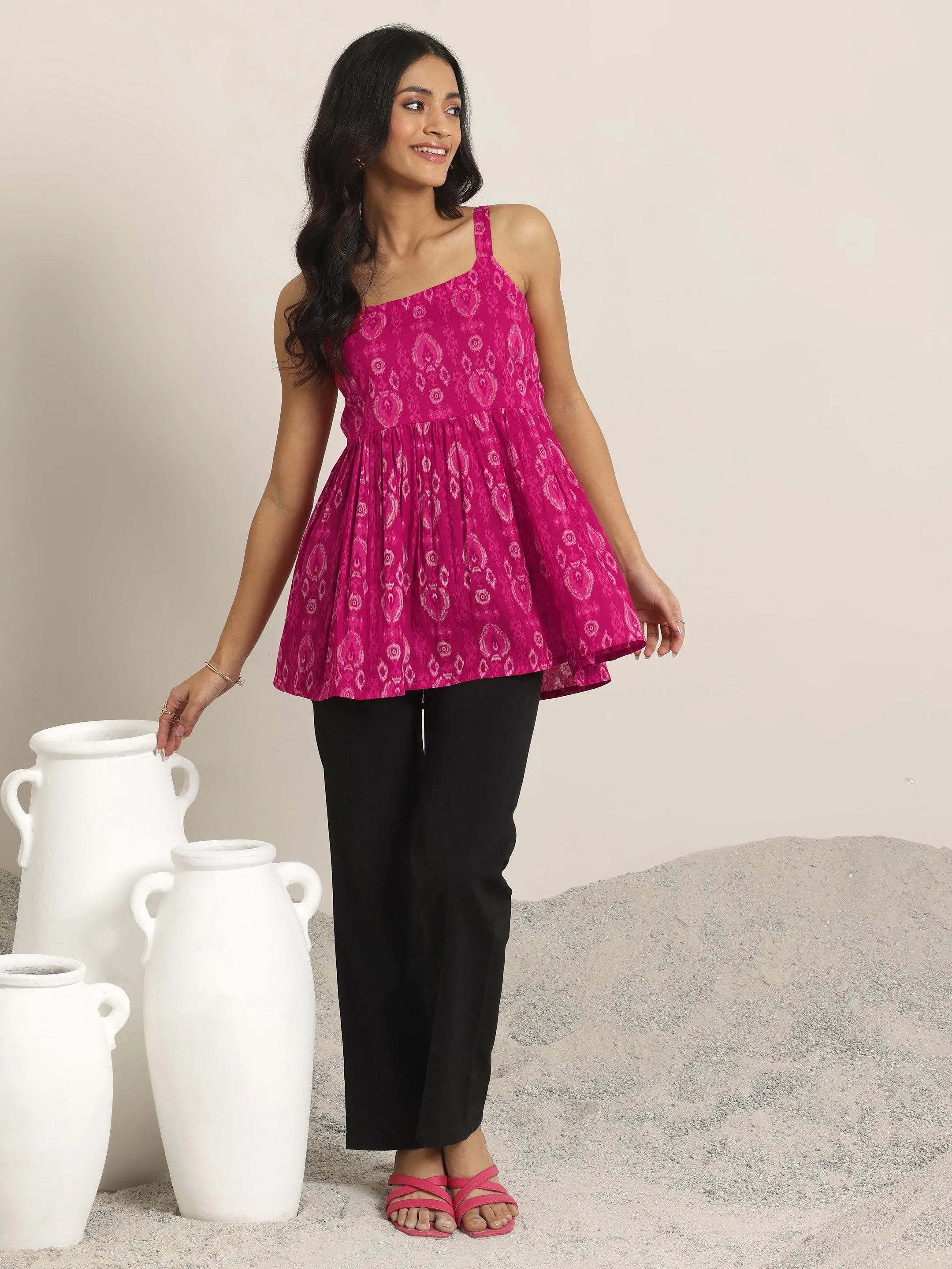 Pink Printed Cotton Anarkali Short Kurti