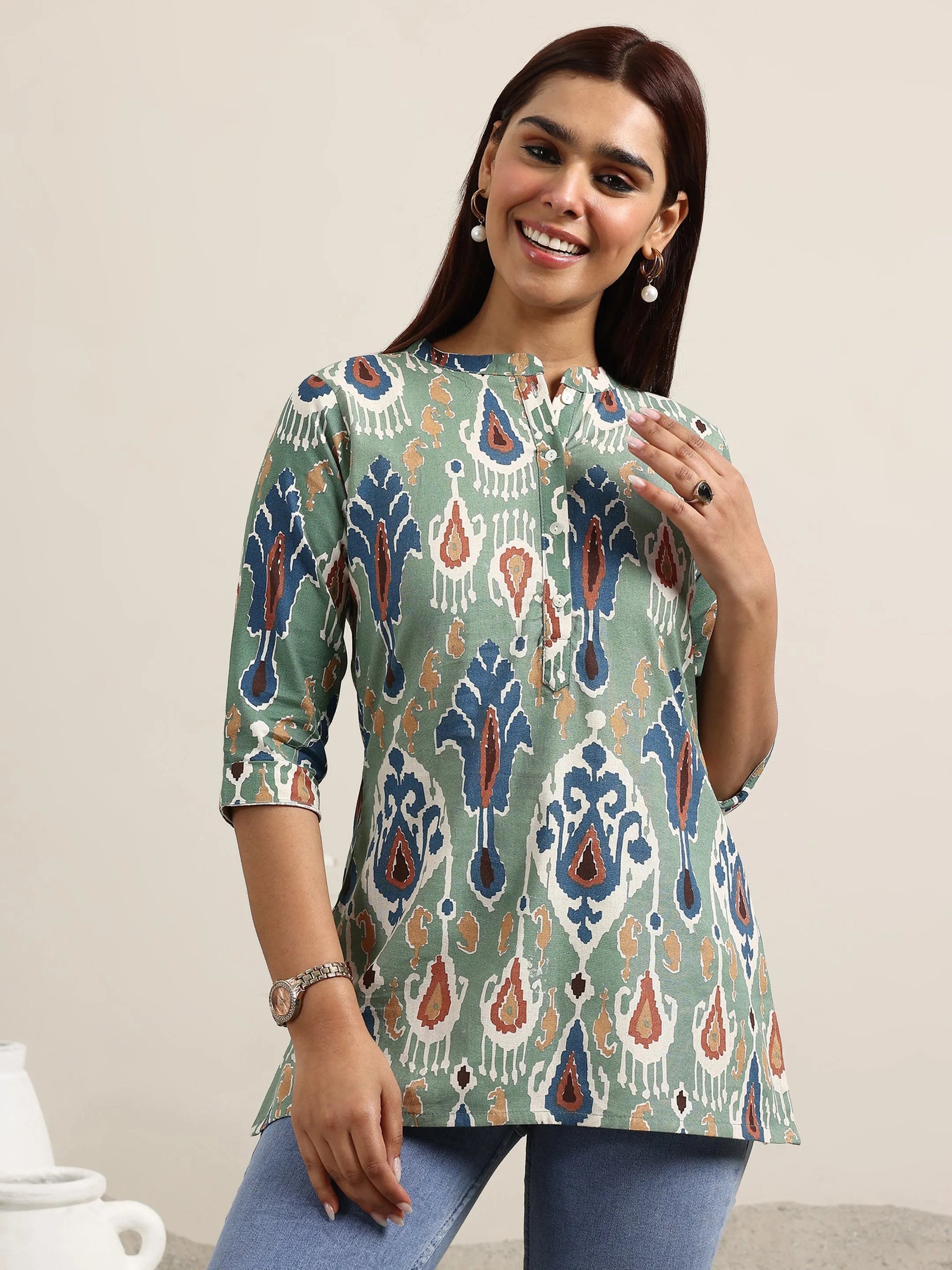 Green Printed Cotton Straight Kurti