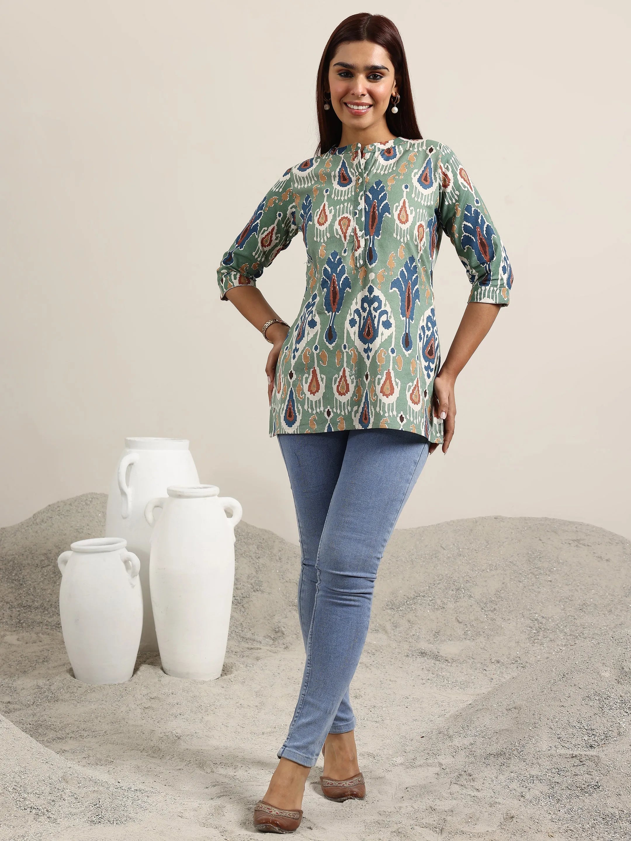 Green Printed Cotton Straight Kurti