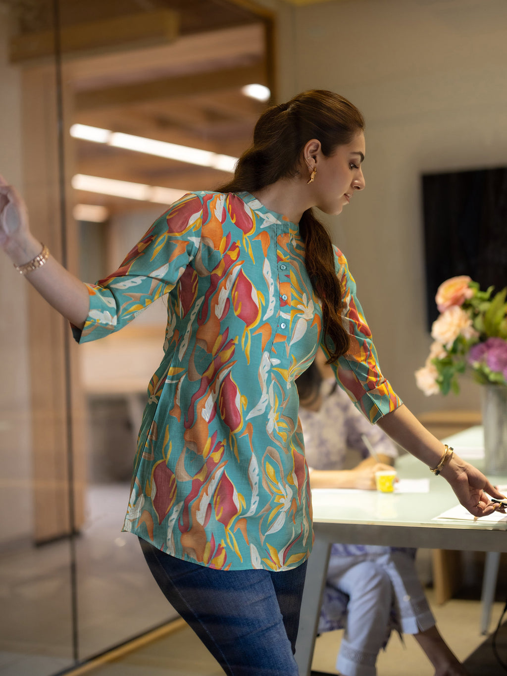 Multi Printed Silk Blend Straight Short Kurti