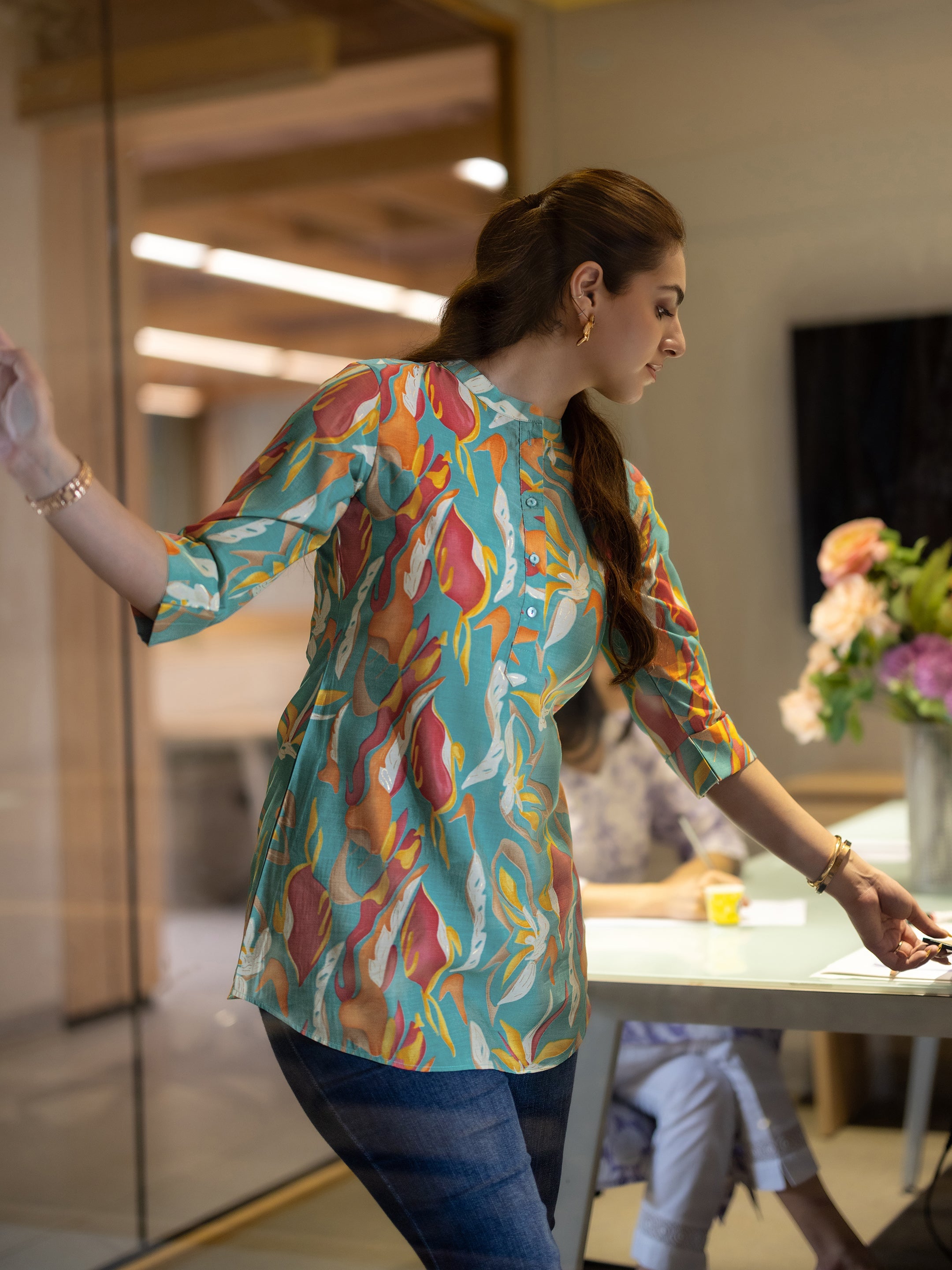 Multi Printed Silk Blend Straight Short Kurti