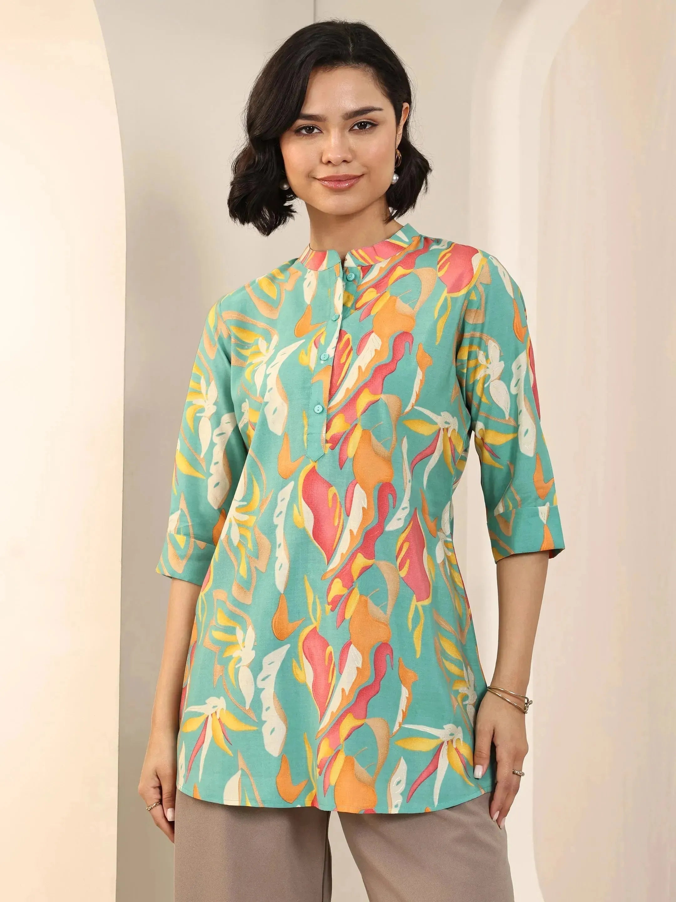 Multi Printed Silk Blend Straight Short Kurti