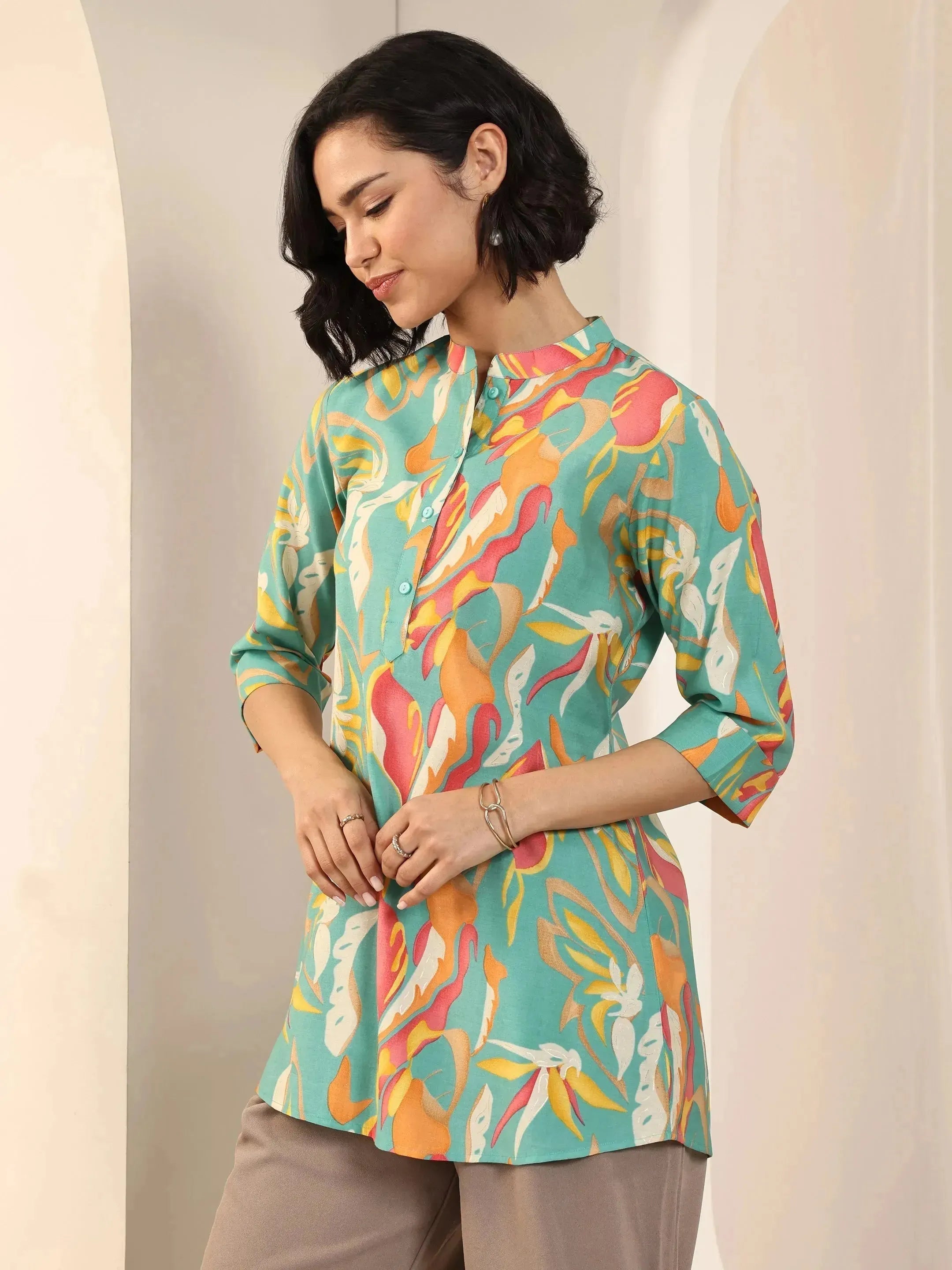 Multi Printed Silk Blend Straight Short Kurti