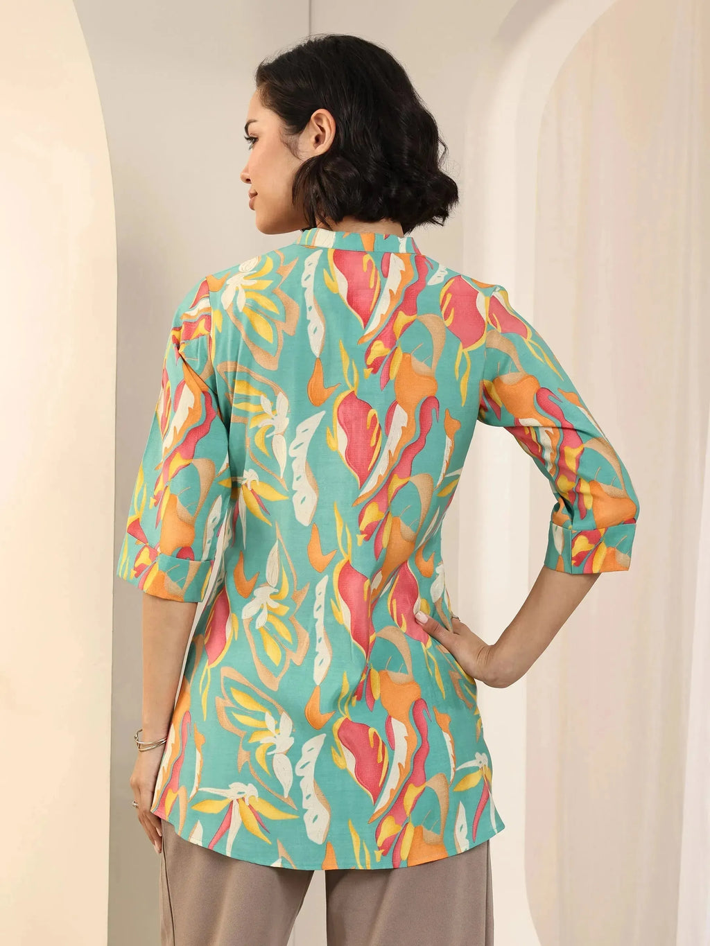 Multi Printed Silk Blend Straight Short Kurti