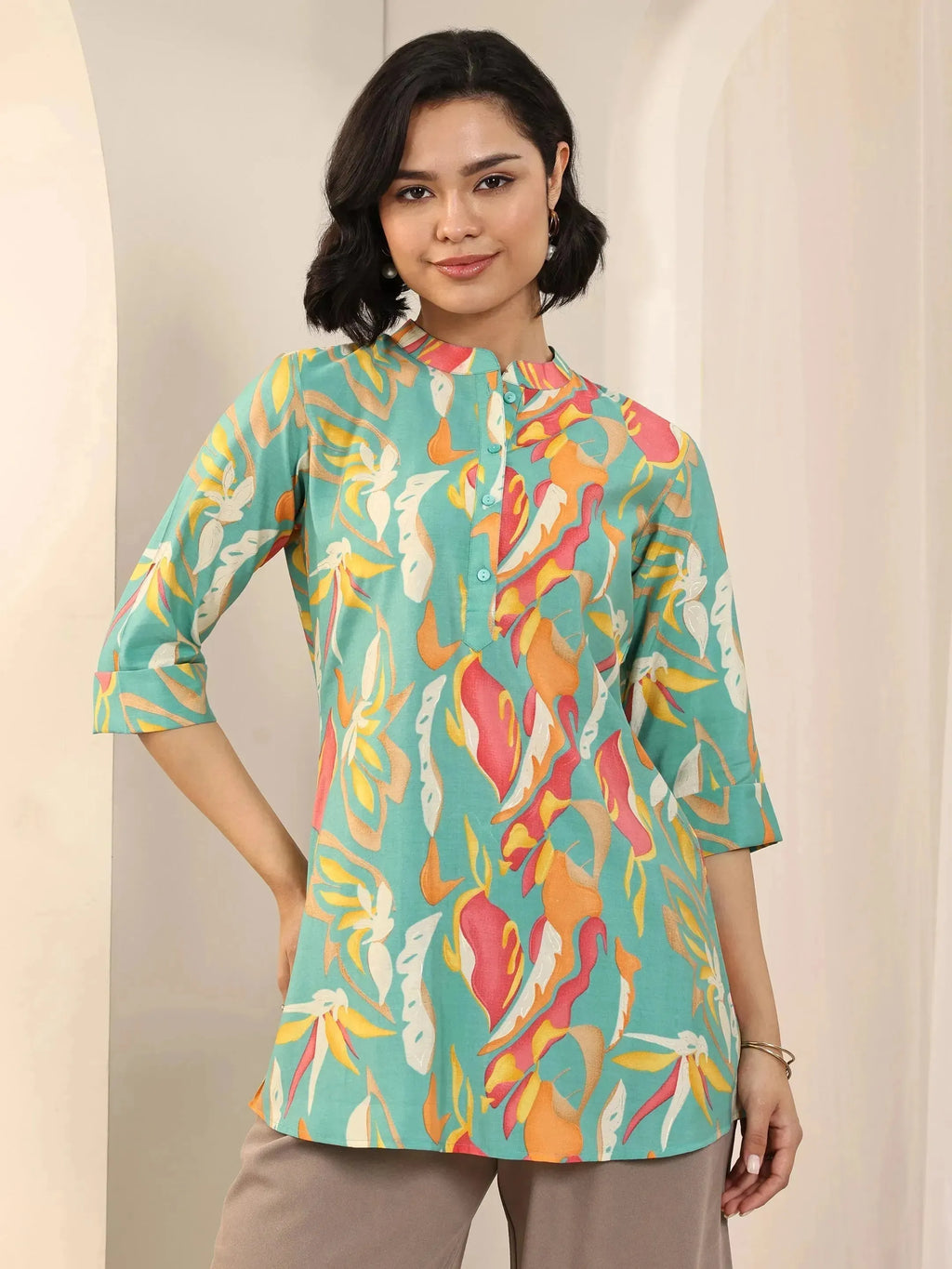 Multi Printed Silk Blend Straight Short Kurti