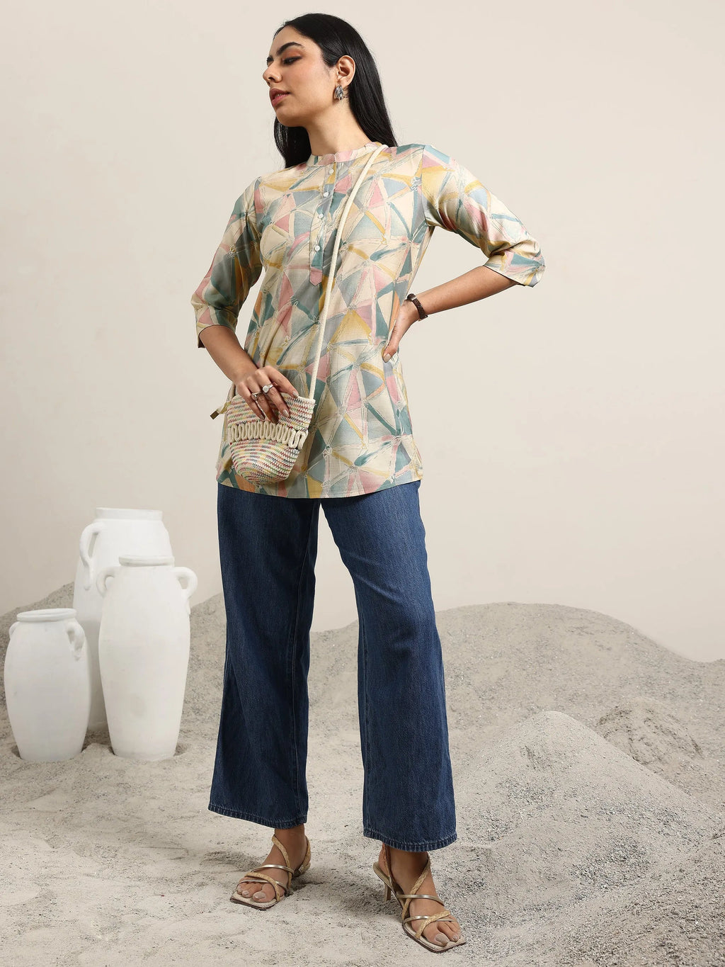 Multi Printed Silk Blend Straight Kurti