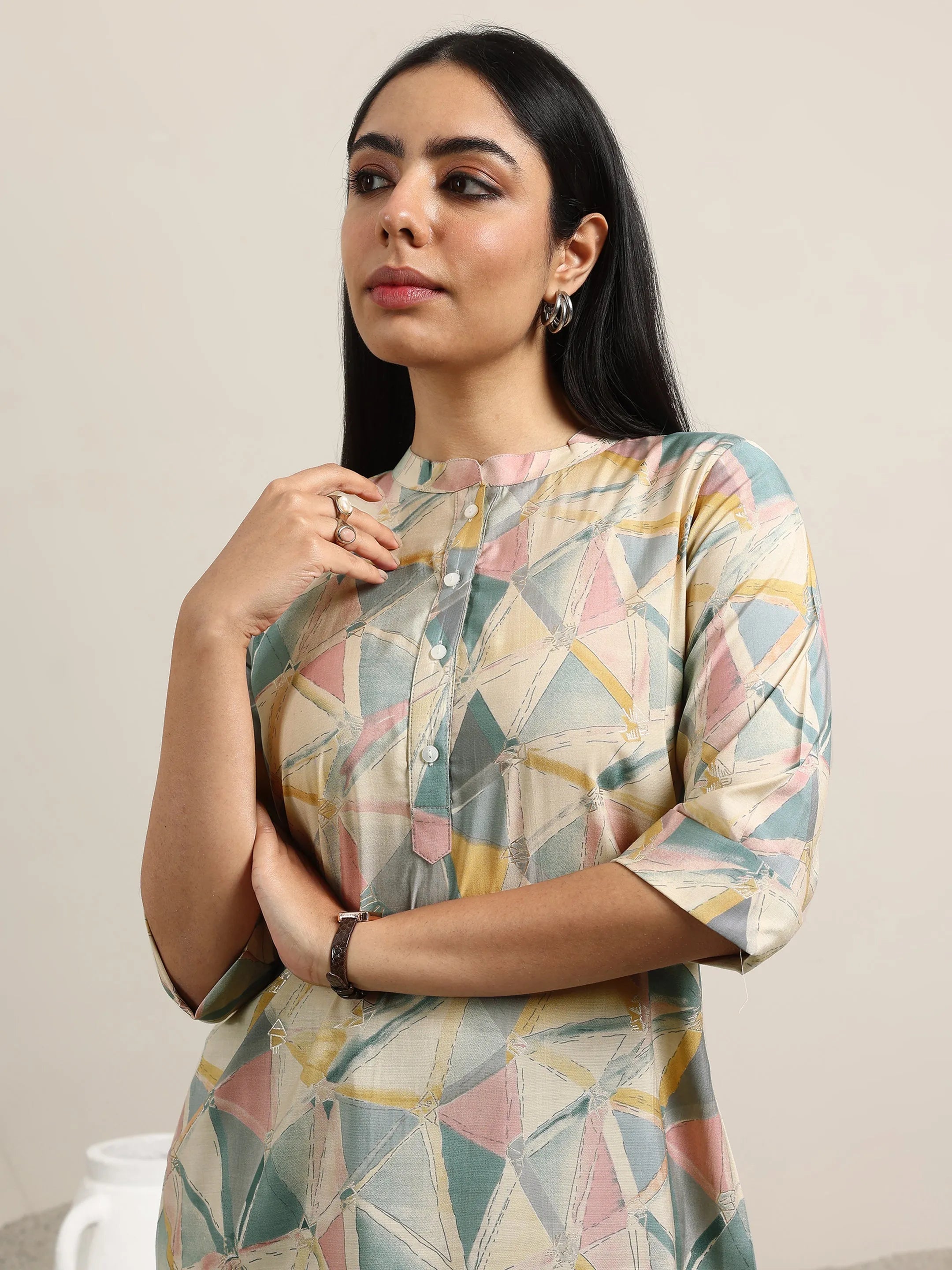 Multi Printed Silk Blend Straight Kurti