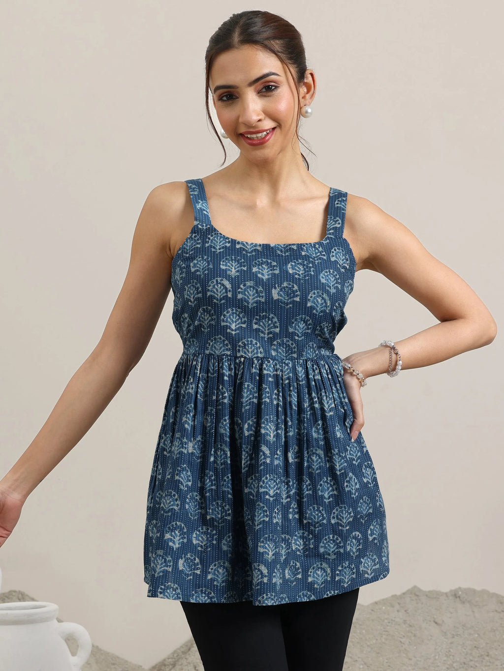 Blue Printed Cotton Anarkali Kurti