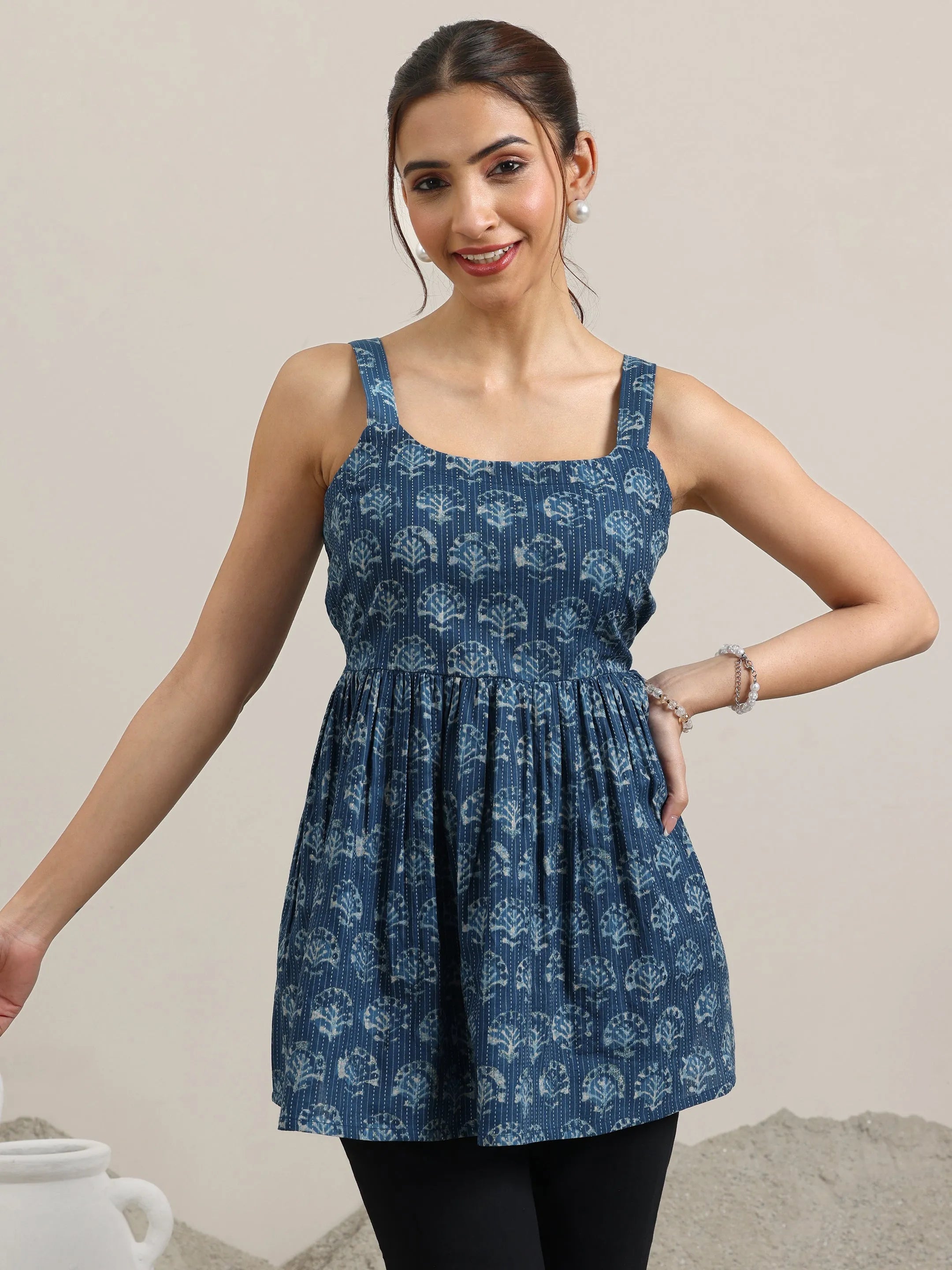 Blue Printed Cotton Anarkali Kurti