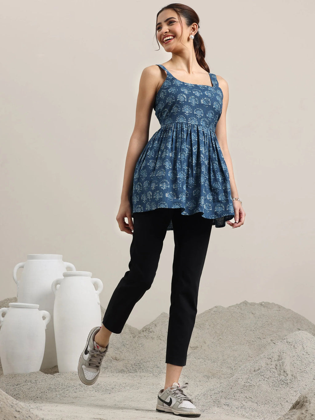 Blue Printed Cotton Anarkali Kurti